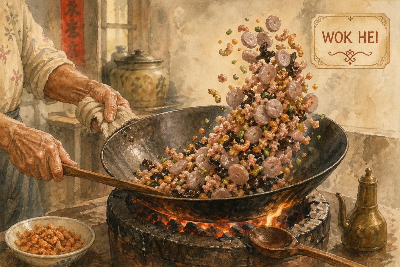 Critical moment: a heavy carbon-steel wok over high heat, mid-toss — abacus beads lifted in a coordinated arc above the pan with minced pork bits, dark soy-glossed mok yee strips, golden hae bee flecks, and chye poh suspended in the toss. The Hakka cook's hand on the wok handle, the wok hei moment in full force. Steam and faint smoke at the edges. Heritage carbon-steel patina visible. Hakka chapter palette with high-heat warm focal accents.