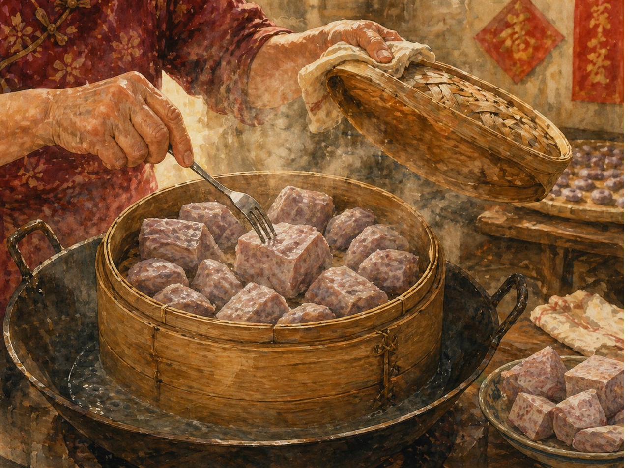 Step illustration: three-quarter view of a bamboo steamer basket lifted from a wok of simmering water, lid set aside, revealing 12-15 chunks of steamed taro yam — pale grey-purple flesh, slightly fluffy from steaming. Largest centre chunk has a fork tine just penetrating its surface (the doneness test). Steam rising in soft curls. Wok beneath with simmering water (gentle bubbles, not rolling). Folded cloth at side. Small ceramic plate with rest of unsteamed yam pieces visible. Soft-focus glimpse of round wooden table with partial Lunar New Year couplet. Matriarch's hand lifting the lid in festive maroon samfoo sleeve.