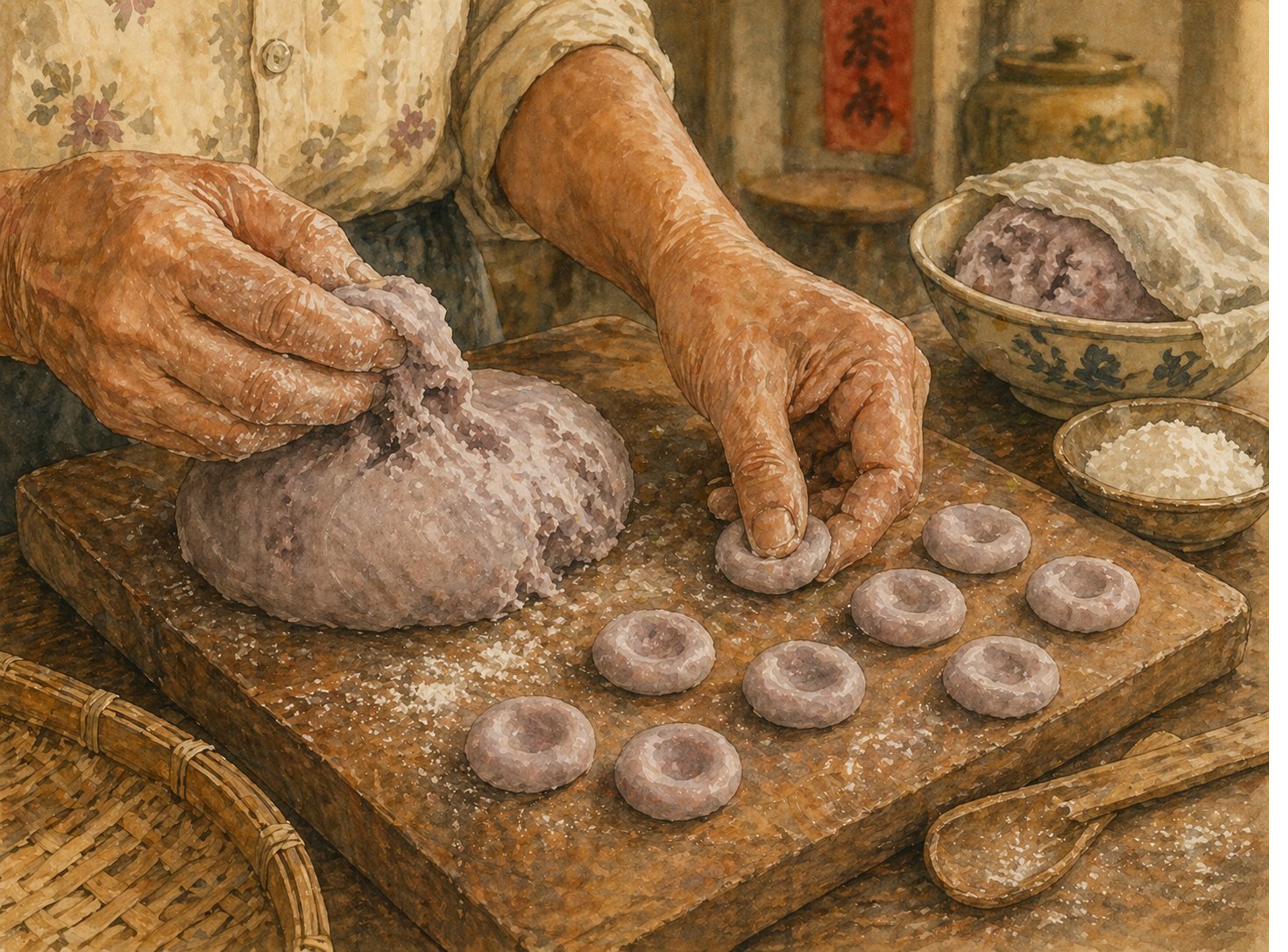 Step illustration: tight overhead three-quarter view of the matriarch's hands hand-shaping abacus beads on a wooden cutting board. Both hands mid-action — left hand pinching small portion of yam-tapioca dough off larger ball; right thumb pressing a small dimple into the centre of a freshly-rolled bead just placed on board. Two completed beads in sharp focus — small flat discs about 2 cm across, pale grey-purple, with clearly-visible thumb-indented dimple. Behind the active hands, an arc of about 8-10 finished beads in casual rows. Dusting of dry tapioca starch on board. Small ceramic bowl of unworked dough at upper-right under damp cloth. Hint of bamboo tray and Lunar New Year couplet in soft focus.