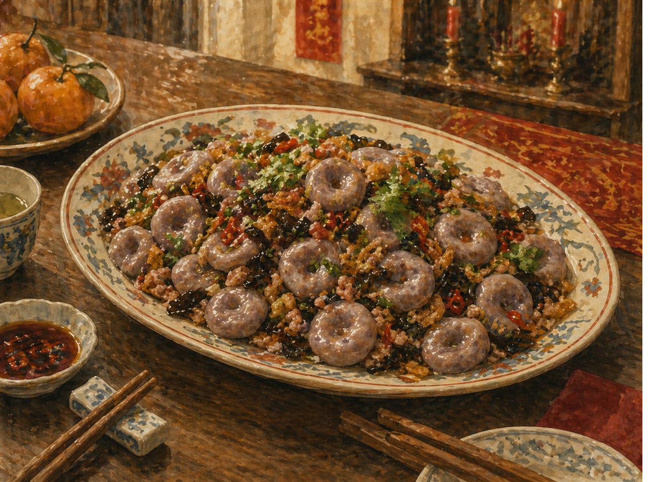 Hero plate: three-quarter overhead view of a single completed platter of Hakka Abacus Seeds, the Lunar New Year banquet-table register. Served on a warm-cream ceramic platter with hand-painted blue-and-iron-red traditional-Chinese floral border, slightly oval. Heritage wooden banquet table with red-and-gold Lunar New Year cloth runner partially visible. Generous mound of stir-fried abacus beads — flat-disc-with-dimple shape clearly visible across 50-60 beads — tossed with minced pork bits, strips of soy-glossed mok yee black fungus, golden-brown hae bee flecks, chopped chye poh, slivers of dried squid, scattering of finely-sliced spring onion greens, coriander leaves, single mild red chilli sliced into rings. Beads glossy, ingredients integrated but individually identifiable, never homogenised. Beside platter: communal serving chopsticks on porcelain rest, small porcelain dish of light-soy-with-chilli, pair of personal eating chopsticks at place setting in foreground, corner of pale-celadon teacup with jasmine tea, folded red paper napkin, edge of small ceramic plate with Mandarin oranges. Soft-focus dining room with Lunar New Year couplet and ancestral altar shelf at far edge with small red lantern.