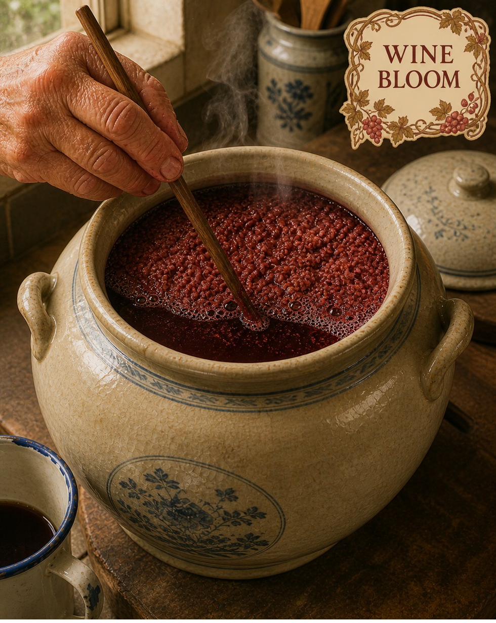 Critical moment with WINE BLOOM cartouche: hero close-up of heritage ceramic Foochow fermentation jar mid-fermentation (~14-21 days in). Hock Ko has just lifted the ceramic lid (visible at upper-right). Camera angle slightly-above-and-forward, looking DOWN INTO open jar. Inside jar: heritage Foochow wine bloom — about TWO-THIRDS of jar volume now DEEP WINE-RED LIQUID, upper THIRD floating fermented rice mass stained deep brick-red. Surface showing heritage signature: small bubbles rising slowly through rice mass, gentle effervescence at wine-air interface. Long clean wooden chopstick in Hock Ko's right hand, gently submerged into rice-mass; chopstick has faint red staining at tip. Hand weathered, swollen-knuckled. Light from upper-left window catches deep wine-red liquid through open jar mouth — red glows slightly from refracted light, heritage Foochow visual signature ('the wine is alive in the jar'). Cartouche overlay at upper-right: 'WINE BLOOM' in serif capitals on small painted cartouche with red-rose-and-vine-leaf flourish PLUS purple grape clusters (the most ornate of Chapter 9). White enamel mug with faded blue rim at lower-left edge — Chapter 9 marker.