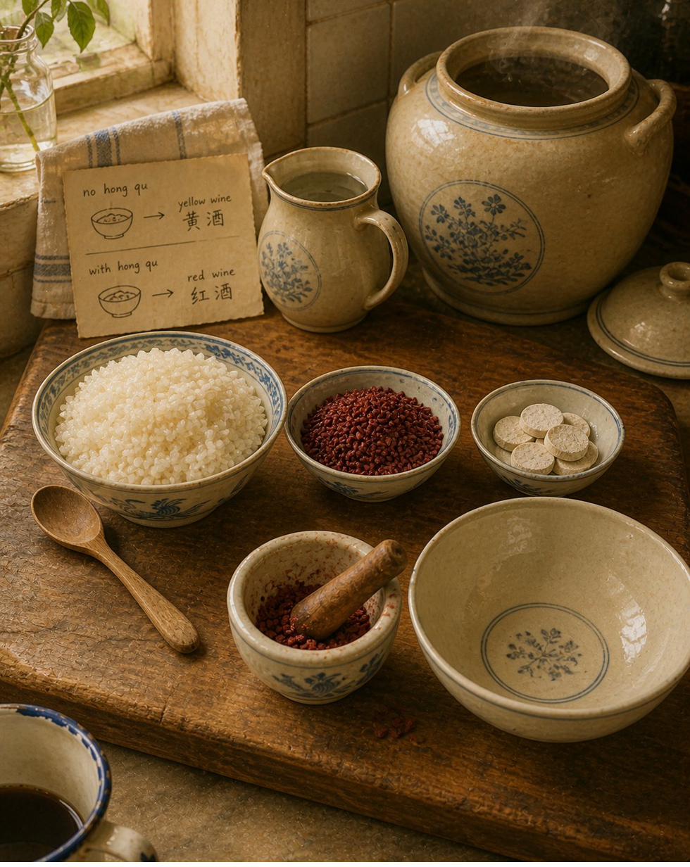Stage 1: slightly elevated angle, looking down onto Hock Ko's wooden chopping board. Three heritage ingredient stations laid out in clean line: LEFT cream-and-pale-blue rice-bowl holding cooked glutinous rice (pale cream-white, glossy, slightly sticky-looking, distinctly grainy heritage register); CENTRE smaller pinch-bowl holding HONG QU MI (red yeast rice 红麯米, deep brick-red-purple grains distinctly red-purple-toned, dry and slightly papery); RIGHT another small pinch-bowl holding JIU BING (wine biscuit, small round flat off-white tablets). Small clean ceramic mortar with hong qu mi grains partly ground. Small jug of cooled boiled water; clean dry mixing bowl waiting empty. Upper-right slightly out of focus: clean dry large heritage ceramic Foochow fermentation jar with ceramic lid resting beside; jar empty, sterilised. Small handwritten note propped against tea-towel: 'no hong qu = yellow wine 黄酒 / with hong qu = red wine 红酒'. Hong qu mi reads DEEP BRICK-RED-PURPLE — the recipe's pivot ingredient. White enamel mug with faded blue rim at lower-left edge — Chapter 9 marker.
