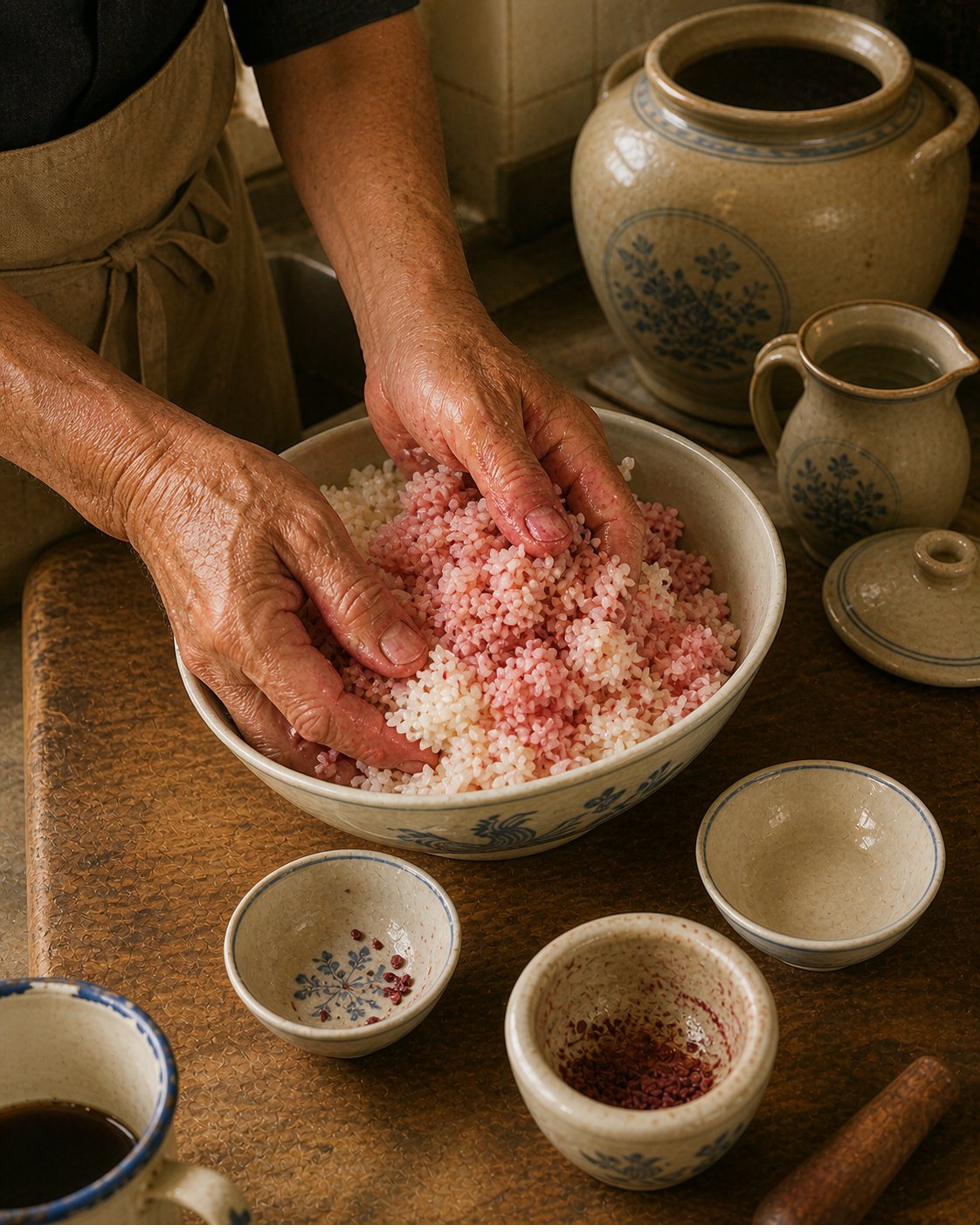 Stage 2: close-mid shot of Hock Ko's wooden chopping board. His hands only visible — both hands working pale-cream cooled glutinous rice mass in heritage clean dry mixing bowl, fingers gently massaging ground hong qu mi (red yeast rice powder) and crumbled jiu bing (wine biscuit) into rice. Rice at moment of TRANSITION — about 40% still pure cream-white, about 60% visibly turning ROSE-PINK-TO-RED as hong qu mi colour binds to rice surfaces. Heritage signature of correct massage-discipline: visible colour-streaking, NOT uniform red mass yet. Hands weathered, swollen-knuckled, deeply tanned. Faint pink-red staining on right thumb-pad and fingernails (heritage cook's marker). Around bowl: now-empty hong qu mi pinch-bowl (few residual deep-purple-red grains); now-empty jiu bing pinch-bowl. Behind work area slightly out of focus: clean dry heritage ceramic Foochow fermentation jar ready to receive rice mixture. White enamel mug with faded blue rim at lower-left edge — Chapter 9 marker.