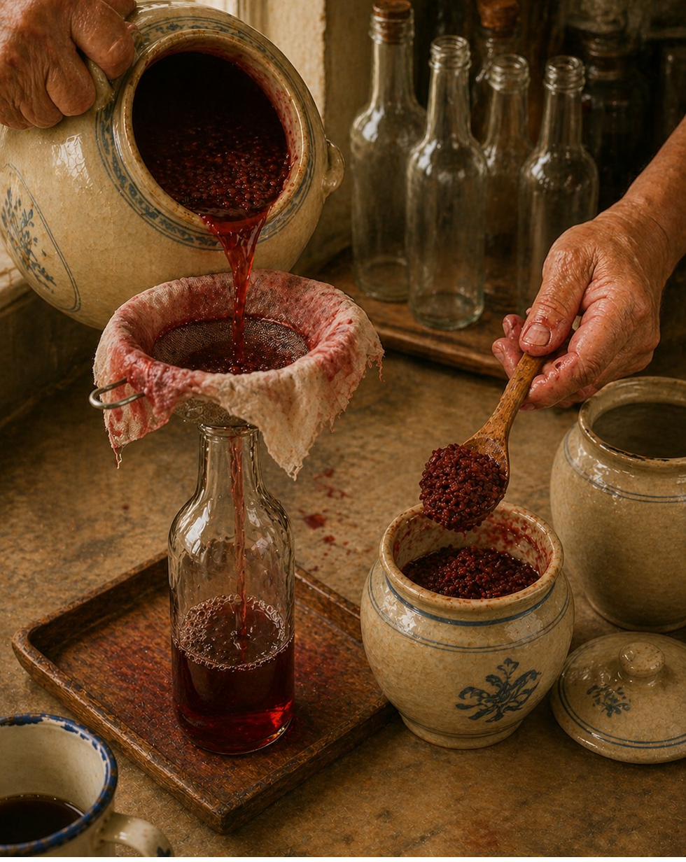 Stage 5 hero: slightly elevated angle, workbench at moment of straining. Composition splits frame into TWO PARALLEL OUTPUTS. LEFT SIDE the WINE output: clean dry tall glass bottle (recycled beer bottle) on small wooden tray; fine-mesh strainer over bottle's mouth; heritage muslin cloth draped over strainer. Hock Ko's left hand visible from wrist-down, holding lip of heritage Foochow ceramic fermentation jar slightly tilted to pour strained DEEP WINE-RED ang jiu through strainer-and-muslin into bottle. Wine in mid-pour shows as thin glossy ruby-mahogany stream catching light. About one-third of bottle already filled. RIGHT SIDE the LEES output: heritage small earthenware ceramic jar (cream-and-pale-blue glaze, ceramic lid resting beside). Hock Ko's right hand visible holding small clean wooden spoon, mid-action SCOOPING brick-red-mahogany ANG CHAO LEES (coarse-textured paste with visible rice-grain structure) from muslin into storage jar. About a third of lees already in storage jar. DEEP WINE-RED STAINING visible on EVERYTHING — muslin cloth, strainer surface, inside of fermentation jar, inside of storage jar, tip of wooden spoon, cook's fingertips. Background: few clean glass bottles waiting their turn. WINE reads DEEP WINE-RED (ruby-mahogany, slightly translucent); LEES reads BRICK-RED-MAHOGANY with VISIBLE RICE-GRAIN STRUCTURE. White enamel mug with faded blue rim at lower-left edge — Chapter 9 marker, fifth and final instance for this recipe.