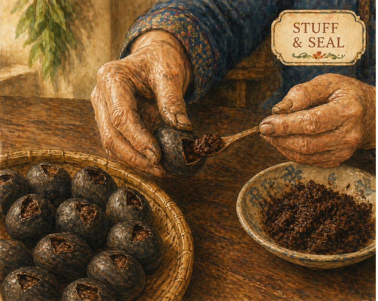 Critical moment: close-up of the matriarch's hands. Left hand holds a buah keluak nut shell with a small triangular hole. Right hand holds a small wooden teaspoon scraping dark-charcoal-brown rempah filling INTO the hole. A rattan tray to the left holds 11 already-stuffed nuts in a circular pattern. Cream cartouche reading STUFF & SEAL with a red-rose flourish. Painted style.