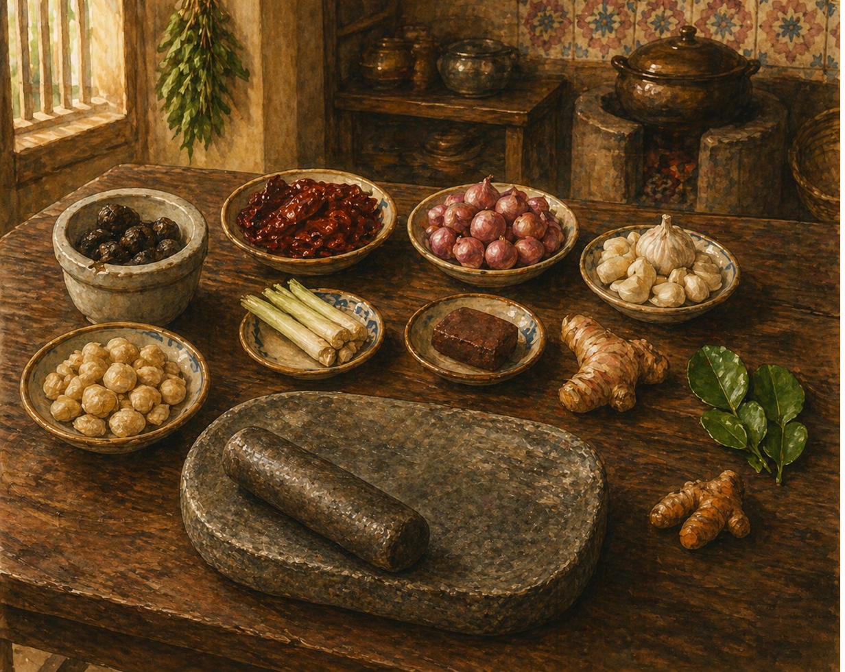 Step illustration: heritage Peranakan rempah-prep station overhead. Heavy walnut table with batu giling at the foreground edge. Arrayed: dark-charcoal-grey buah keluak kernels, oxblood dried chillies, peeled shallots, garlic cloves, lemongrass, pale-cream candlenuts, dark-rust belacan, fresh galangal and turmeric, paired kaffir lime leaves. Painted style.