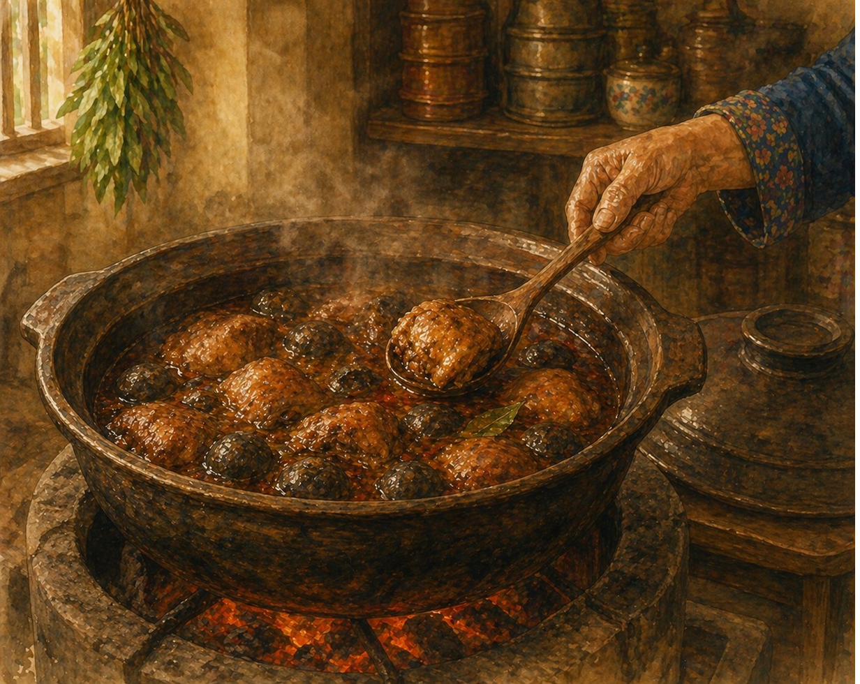 Step illustration: heavy round dark-clay claypot (heritage labu sayur, lid lifted) on a low charcoal stove. Inside: chicken thighs partially submerged in deep-dark-mahogany rempah gravy with rendered-fat sheen and oxblood-red chilli-oil flecks. Dark stuffed buah keluak nuts visibly recognisable amongst the chicken. Kaffir lime leaves on the surface. Glowing-orange charcoal embers visible. Painted style.