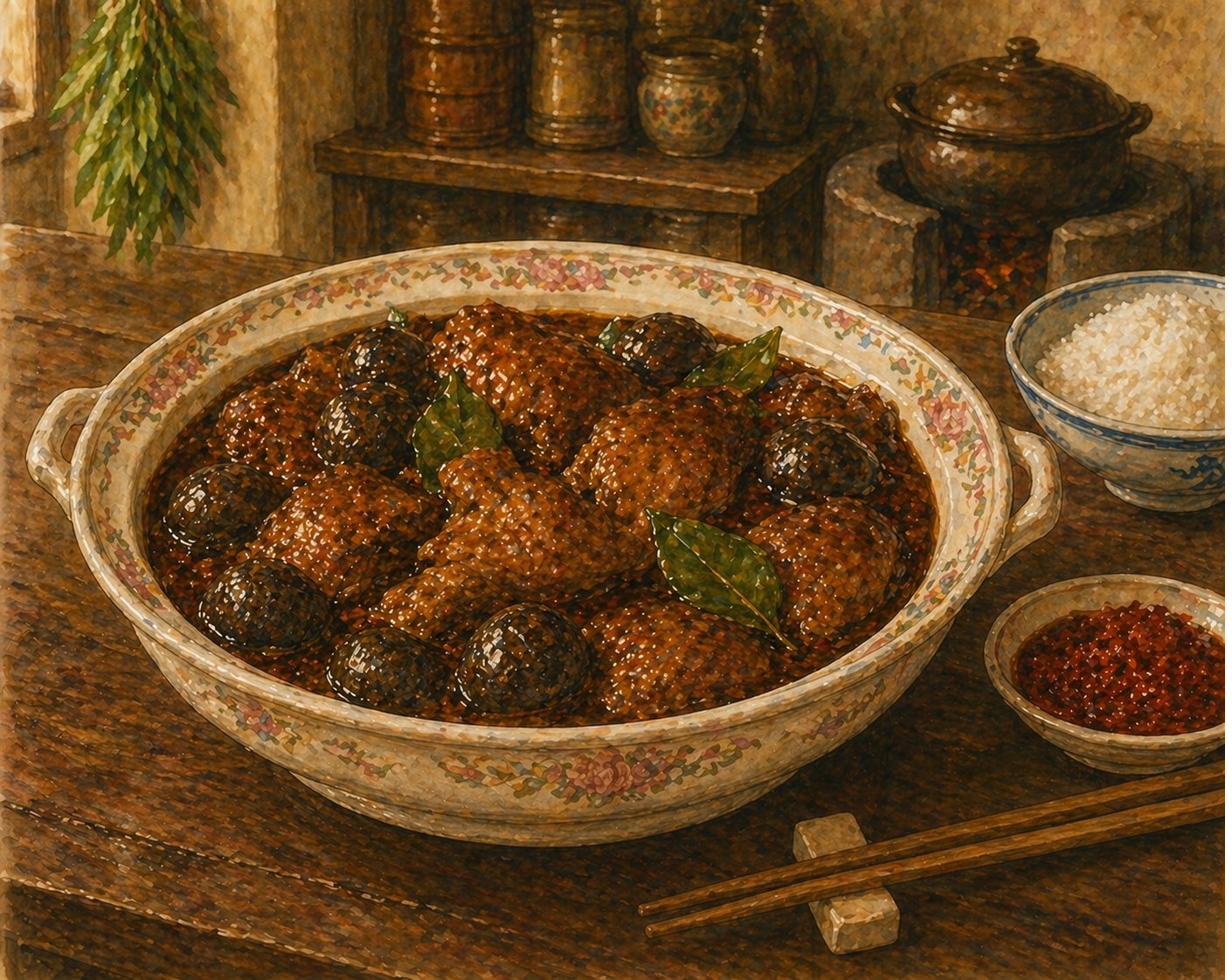Hero plate: round deep heritage-Peranakan tureen-form porcelain serving vessel, soft-cream porcelain with delicate hand-painted pink-rose-and-pale-green floral-rim border. Inside: chicken thigh pieces with stuffed buah keluak nuts (dark-charcoal-grey shells visible) and dark-mahogany-brown rempah gravy. Fresh kaffir lime leaves on the surface. Worn dark-walnut dining-table. Side: small condiment dish of sambal belacan, heritage steamed-rice bowl with pale-blue rim, bamboo chopsticks. Painted style.