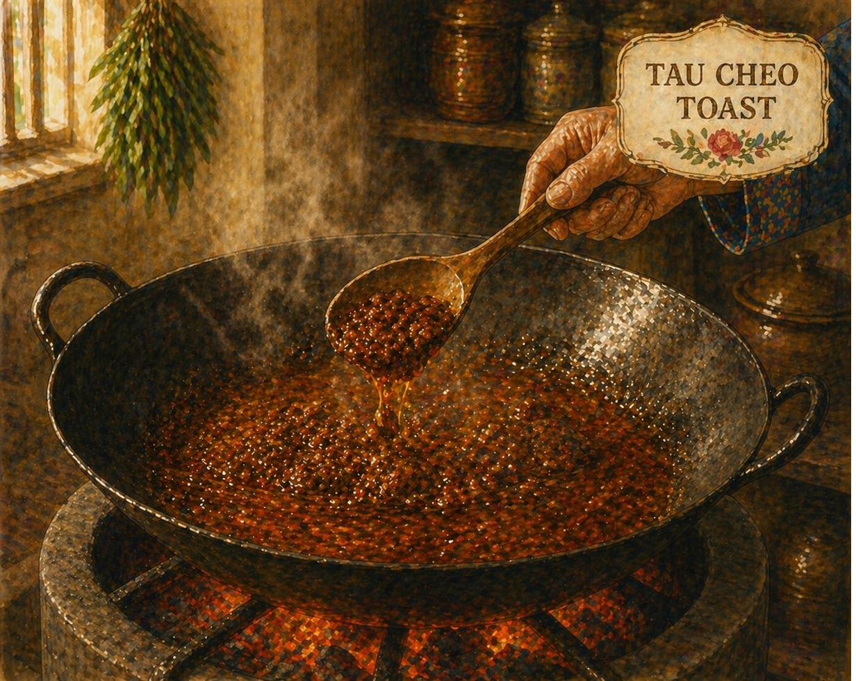 Critical moment: same iron wok, tau-cheo paste fully bloomed — wok contents deep-mahogany-brown-with-rust-undertones, with visible oil pools at the surface. The matriarch's hand holds a wooden ladle, scooping a small portion of the bloomed paste up to demonstrate. Cream cartouche reading TAU CHEO TOAST with red-rose flourish. Painted style.