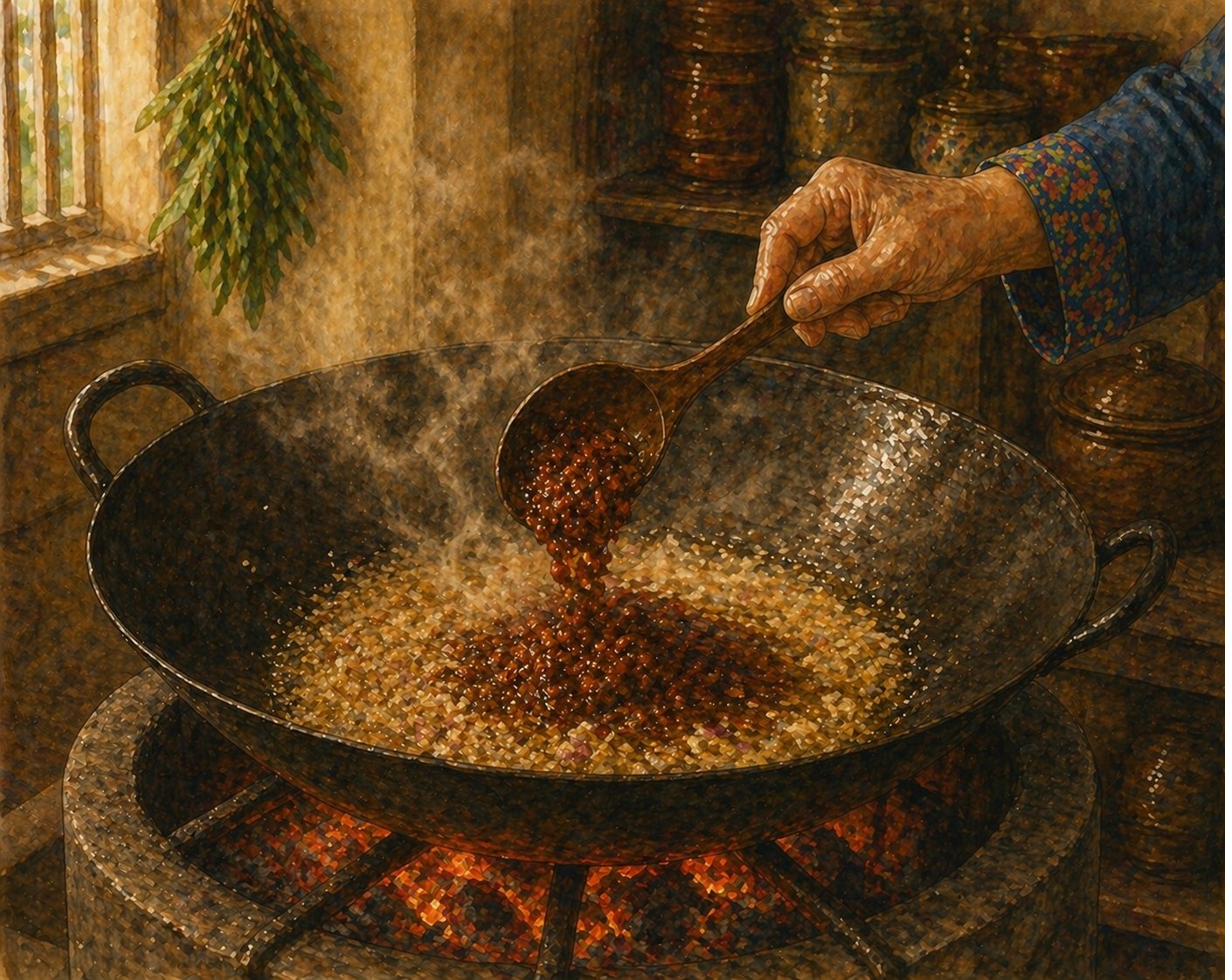 Step illustration: heritage iron wok mid-task on a low charcoal stove. Pounded shallots-and-garlic frying pale-yellow with purple tinges. The matriarch's hand pours dark-rust tau-cheo paste from a ladle into the hot oil-shallot-garlic mixture. Steam and aromatic vapour rise. Glowing-orange charcoal embers. Painted style.