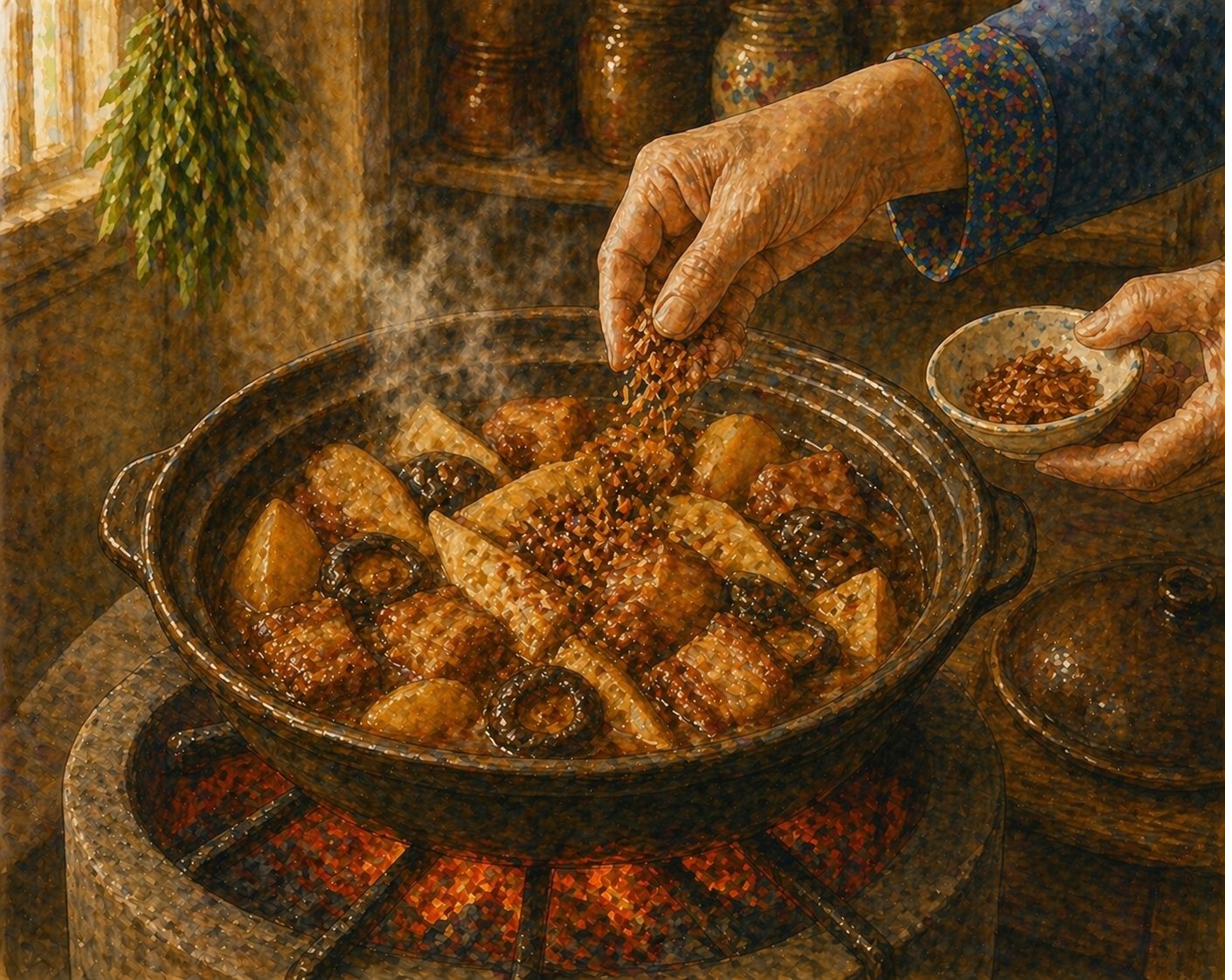 Step illustration: medium round dark-clay claypot on a low charcoal stove, lid lifted. Inside: pork belly chunks among pale-yellow-cream bamboo-shoot wedges, dark-brown rehydrated shiitake mushrooms, medium-mahogany-brown gravy with surface oil sheen. The matriarch's hand sprinkles dark-amber gula melaka shavings into the pot. Glowing charcoal embers. Painted style.