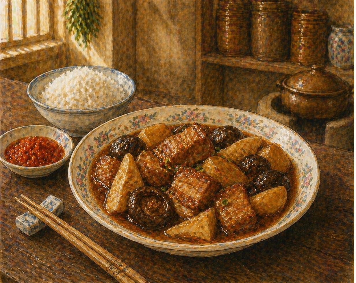Hero plate: medium round heritage-Peranakan shallower serving-bowl, soft-cream porcelain with delicate hand-painted pink-rose-and-pale-green floral-rim border. Inside: pork belly chunks, dark mushroom caps, pale-yellow bamboo-shoot wedges in medium-mahogany-brown gravy with soft surface oil sheen. Worn dark-walnut dining-table. Side: sambal belacan dish, heritage steamed-rice bowl with pale-blue rim, bamboo chopsticks. Painted style.