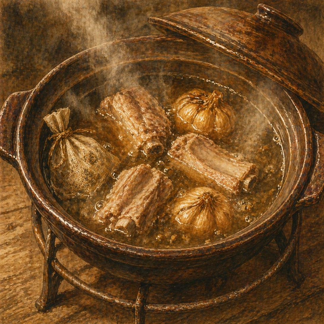 Critical moment: the clear amber broth at gentle simmer, ribs and whole garlic visible, the muslin pepper bag tied to the handle.