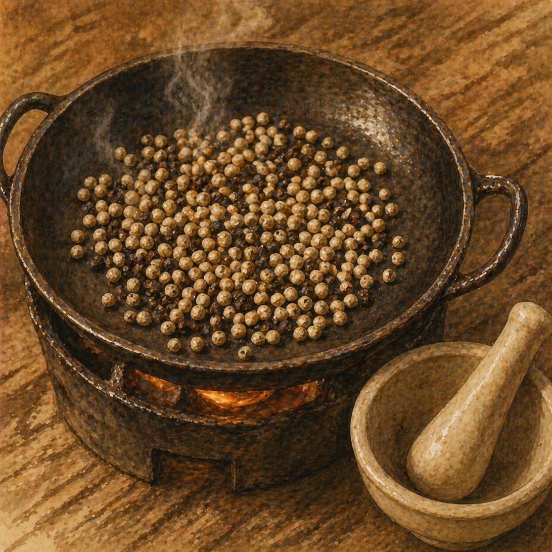Step illustration: white peppercorns toasting in a dry pan, the moment of fragrance.