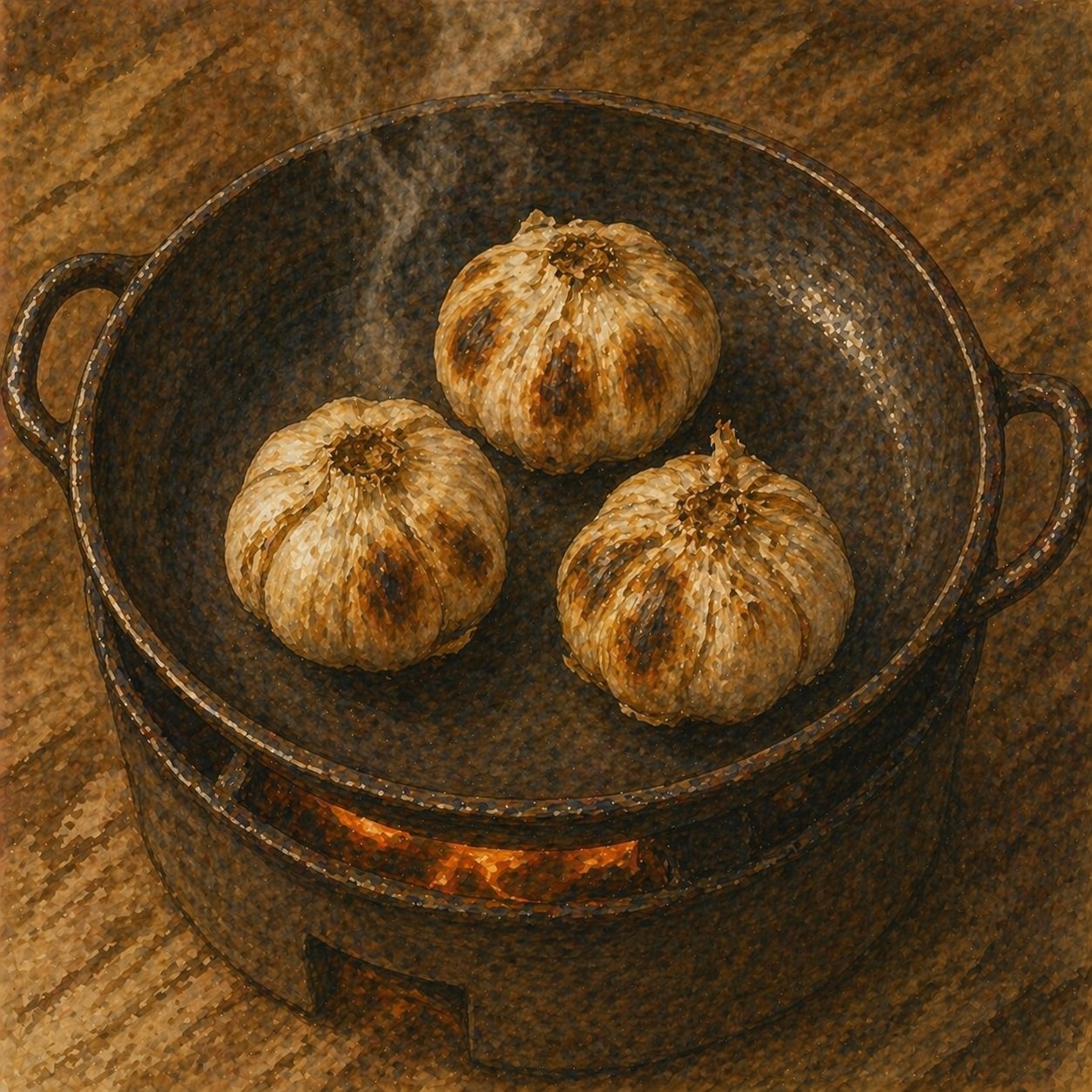 Step illustration: whole garlic bulbs toasting root-side-down in a pan, outer skin charring.