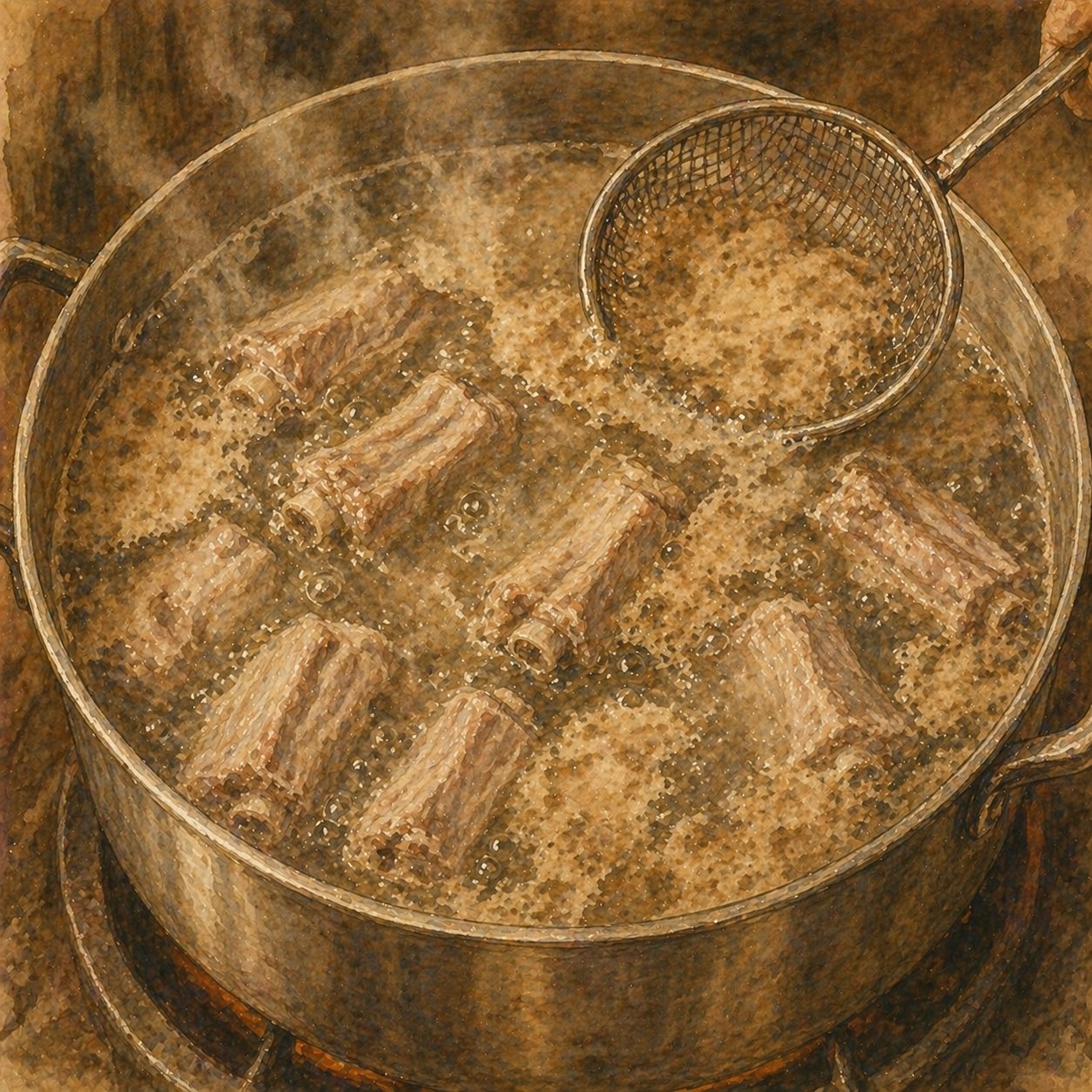 Step illustration: pork ribs in a rolling boil with brown scum rising, ready to be drained and rinsed.