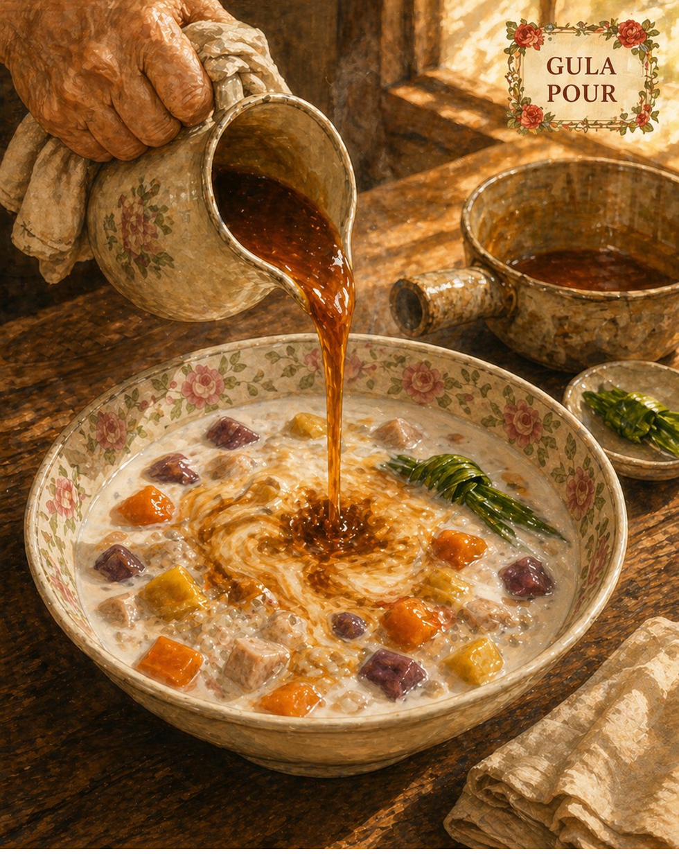 Critical moment: wide heritage Peranakan serving bowl. Inside: pure-white coconut-and-pandan broth with the four-colour triad-of-tubers, translucent sago pearls, knotted pandan leaf floating. Mid-action: heritage glass pouring-jug held at 20-25 cm above the bowl, deep-amber-bronze gula-melaka syrup falling into the centre. Where the syrup hits: golden-amber tendrils unfurling outward in spiralling marbled patterns — the heritage MARBLED SWIRL. Cartouche upper-right reads GULA POUR in red-rose-and-vine-leaf flourish. Pandan-leaf knot at upper-right.