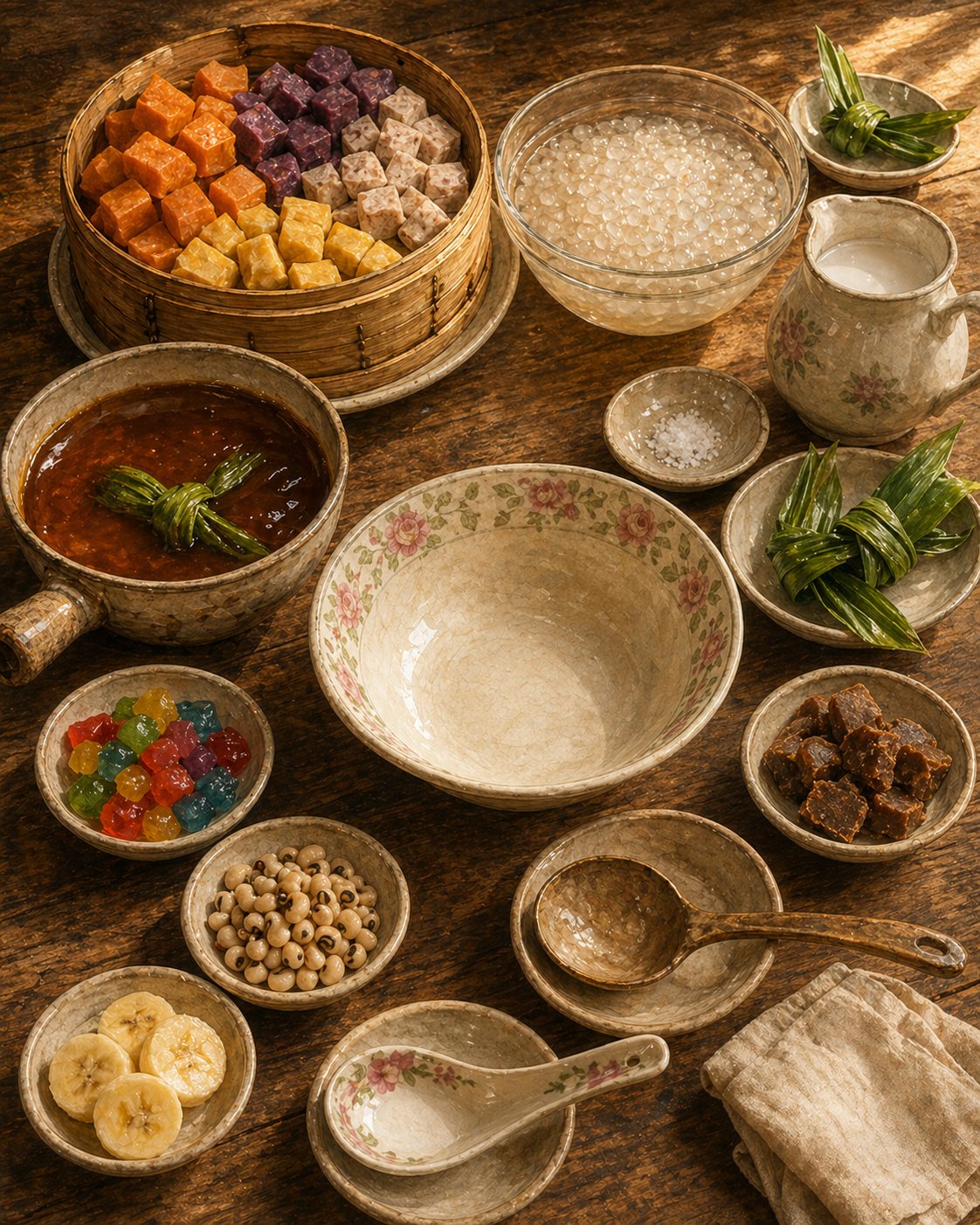 Stage 1: worn-timber kitchen counter with the heritage Peranakan separate-cook discipline laid out — each component fully prepared in its own vessel. Centre-foreground: wide heritage Peranakan serving bowl with pink-rose-and-pale-green floral rim, EMPTY. Bamboo steamer with the four-colour triad-of-tubers. Heritage clear-glass bowl with cooked translucent-pearl sago. Heritage stoneware saucepan with deep-amber-bronze gula-melaka syrup. Heritage ceramic pitcher of fresh coconut milk. Heritage ceramic dish with multi-colour tapioca jelly cubes. Heritage flat ladle. Pandan-leaf knot on saucer at upper-right.