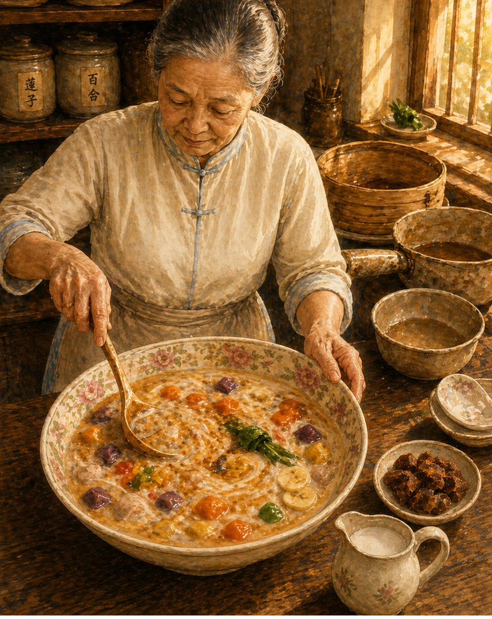 Stage 6 final: wide heritage Peranakan serving bowl after the gula pour and the gentle 4-5 fold-strokes. The marbled-swirl visible across the surface — deep-amber gula-melaka tendrils through pure-white coconut, gradient denser at the centre, lighter at the edges. Four colours of tuber cubes visible. Translucent sago pearls scattered. Knotted pandan leaf floating. Heritage flat ladle resting beside the bowl. Pandan-leaf knot on saucer at upper-right.