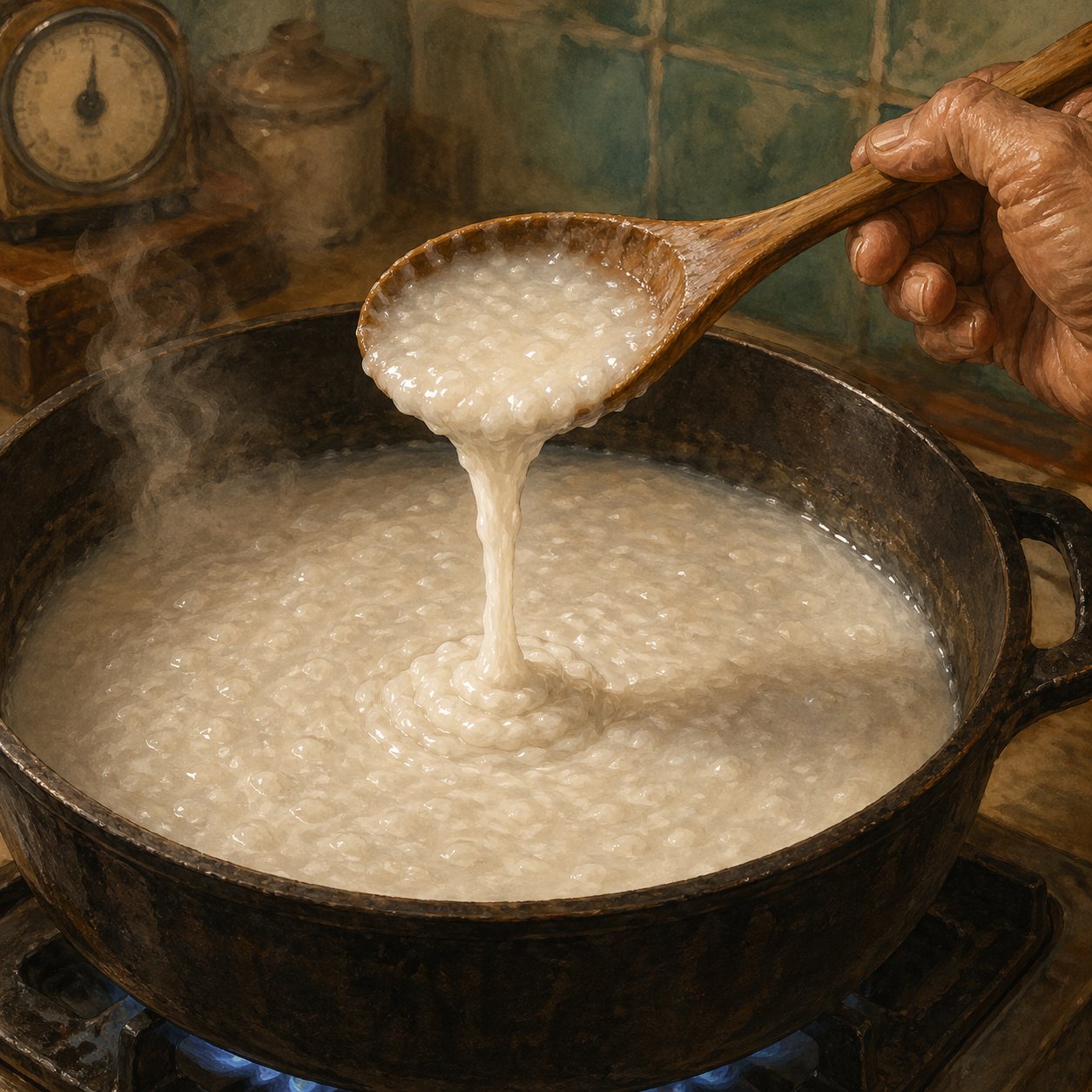 The rice-transformation moment: a heavy-bottomed pot of congee mid-simmer, a long wooden spoon mid-stir lifted slightly above the surface with a thick stream of pearlescent congee dribbling back into the pot. Steam wisps.
