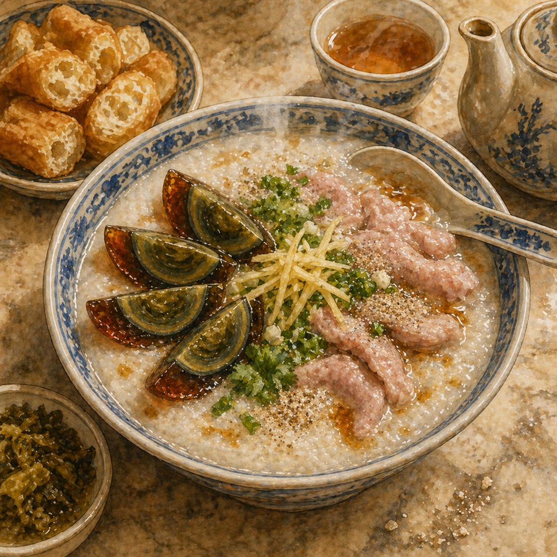 Hero bowl: deep heritage ceramic bowl with faded blue-and-white painted rim, filled with silky white-grey congee. Topped with century egg quarters, velveted pork ribbons, julienned ginger, spring onion, coriander, white pepper, sesame oil, soy. Saucer of you tiao alongside, Tieguanyin teacup.
