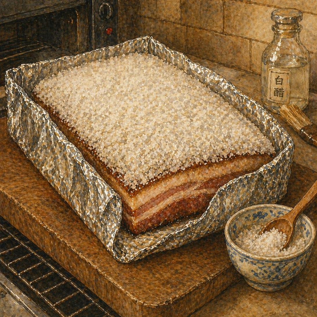 Critical moment: pork belly under high broiler heat, skin caught at the moment of bubbling, pocked with a constellation of golden-mahogany crackling bubbles. The orange glow of the broiler element visible above.