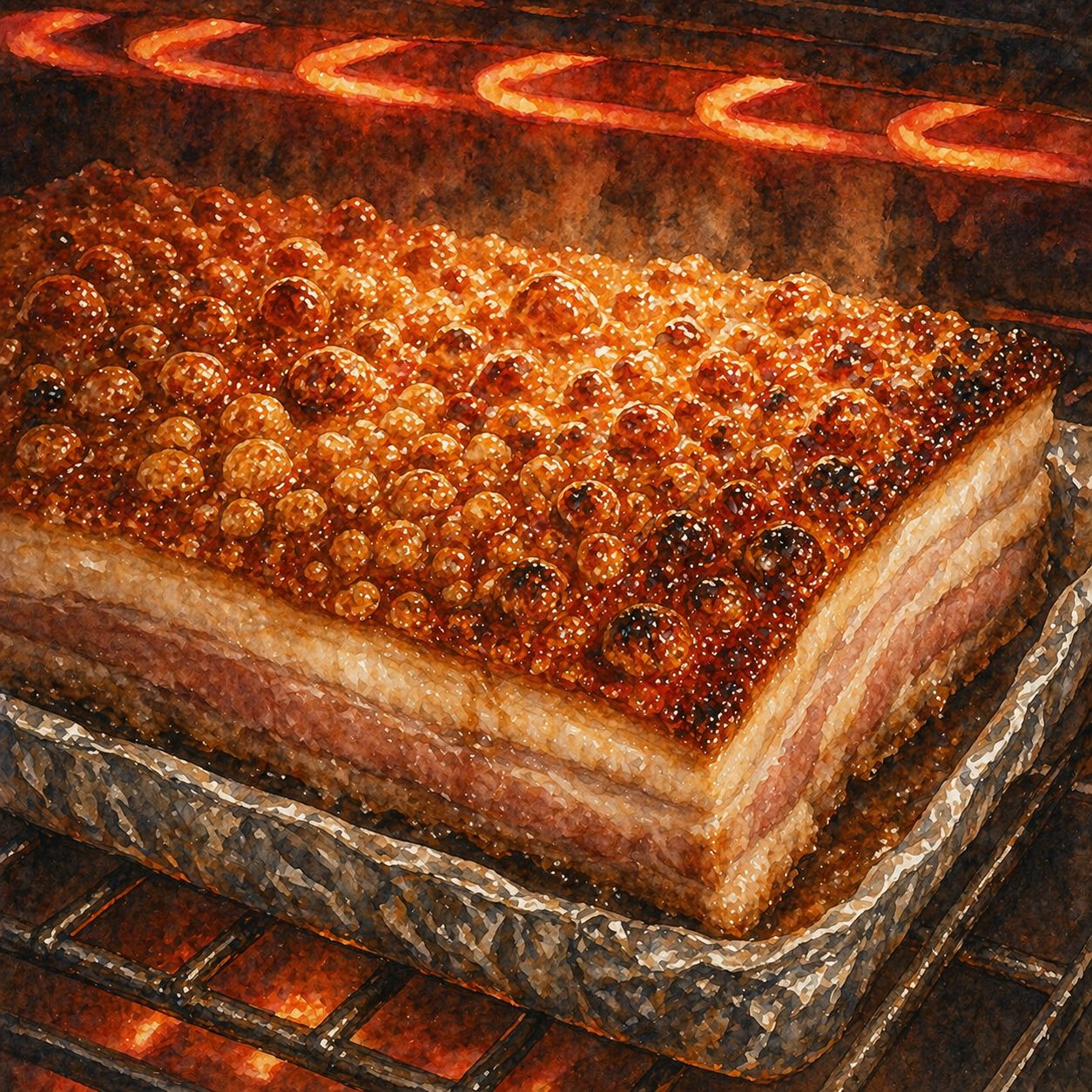 Step illustration: cross-section view of pork in foil-walled boat with 1cm-thick coarse-salt crust mounded on top of the skin, foil walls visibly taller than the salt level.
