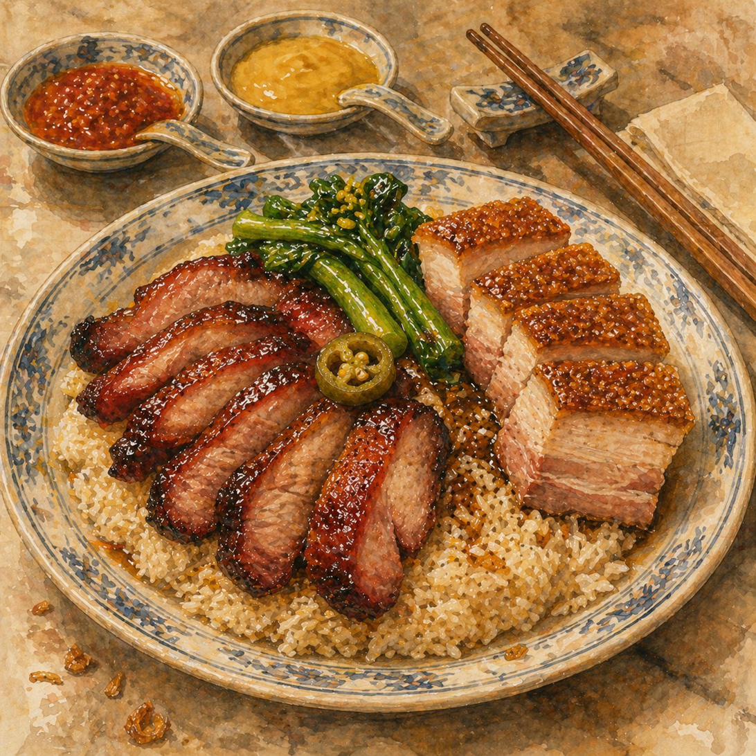 Hero plate: generous combo on a heritage kopitiam plate. Centre: glossy lard-rubbed jasmine rice. Left: six slices of mahogany char siew. Right: five pieces of siew yoke with bubbled crackling on top. Choy sum draped between, two small saucers (chilli-garlic + Colman's mustard), pickled green chilli.