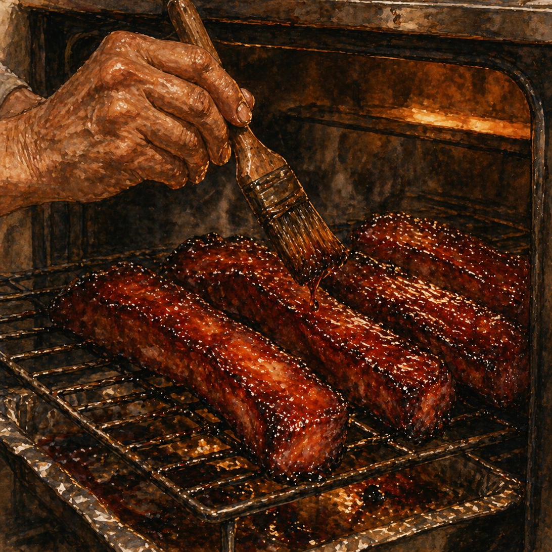 Critical moment illustration: pork strips on a wire rack inside the oven mid-glaze, a weathered hand mid-stroke with a wooden-handled brush, mahogany lacquer dripping. The moment when the surface goes from sticky-wet to glossy-set. Caramelised charred edges visible.