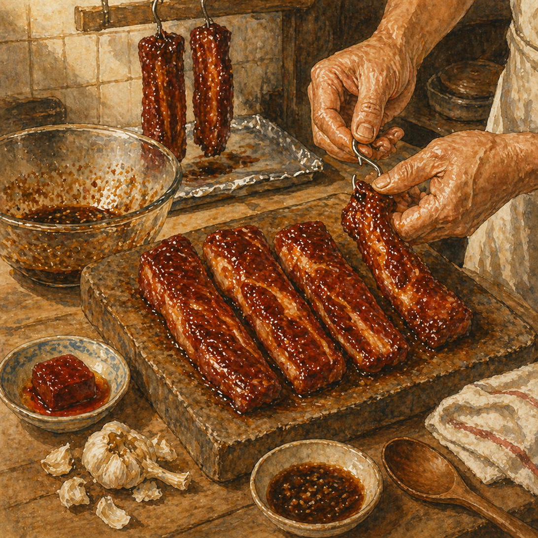 Step illustration: pork strips on a chopping board, glistening dark mahogany-red, hands threading metal S-hooks through the top. Glass bowl with leftover marinade, ceramic dish with nam yu cube.