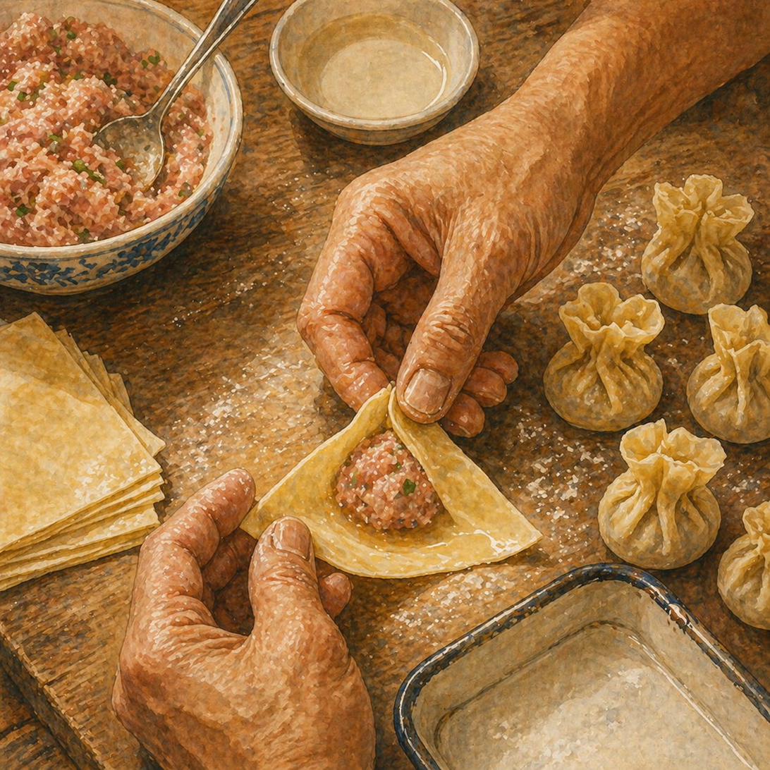 Step illustration: hands mid-fold of a wantan, the diagonal triangle formed, outer corners coming together to make the 'money pouch' shape. Six finished wantans pleated on cornflour-dusted board, stack of fresh yellow square wrappers waiting.