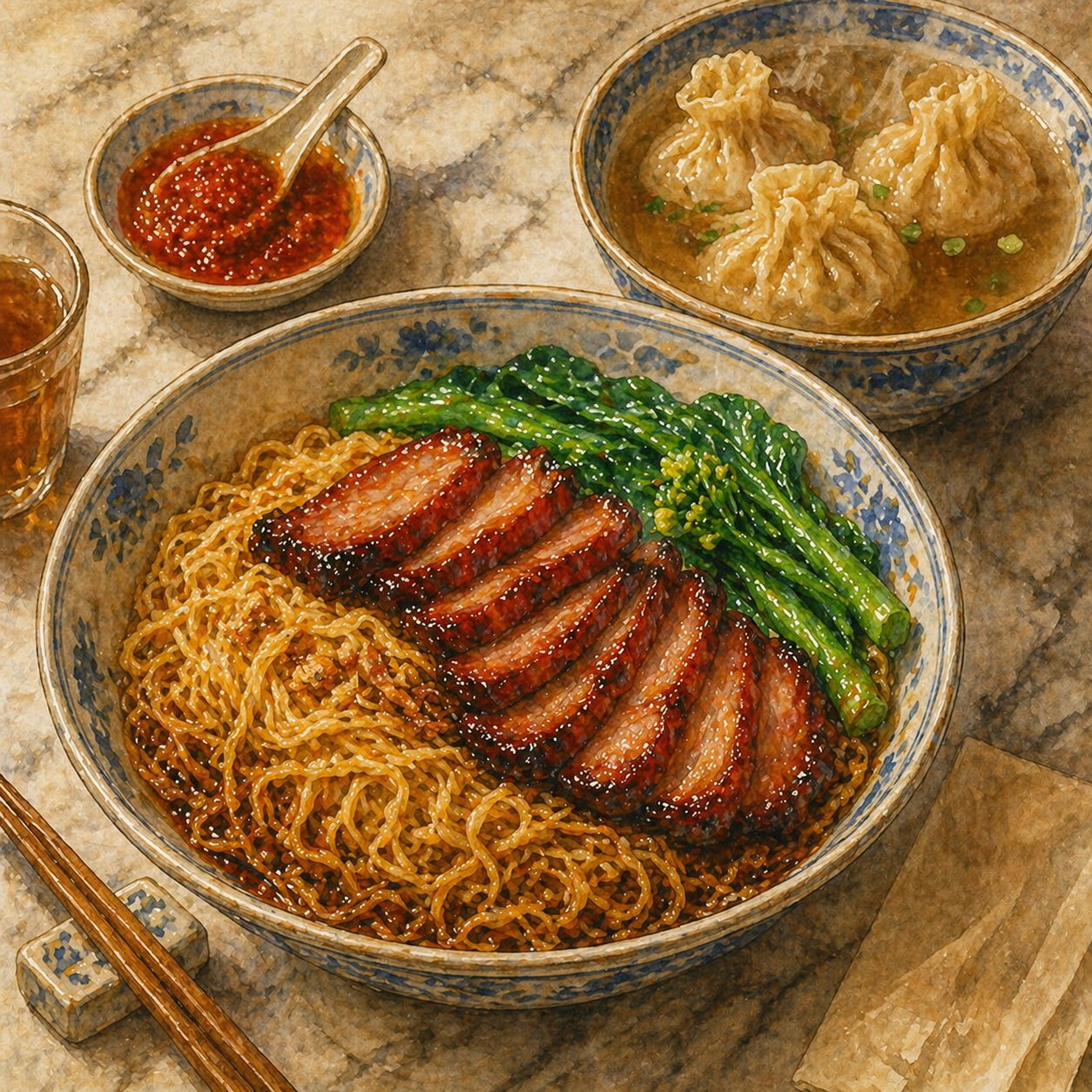 Hero-bowl illustration: deep ceramic noodle bowl with thin yellow noodles tossed in dark soy, six slices of mahogany-red char siew with caramelised edges fanned across, blanched choy sum draped at one side. Smaller heritage soup bowl with four wantans floating in clear amber broth.