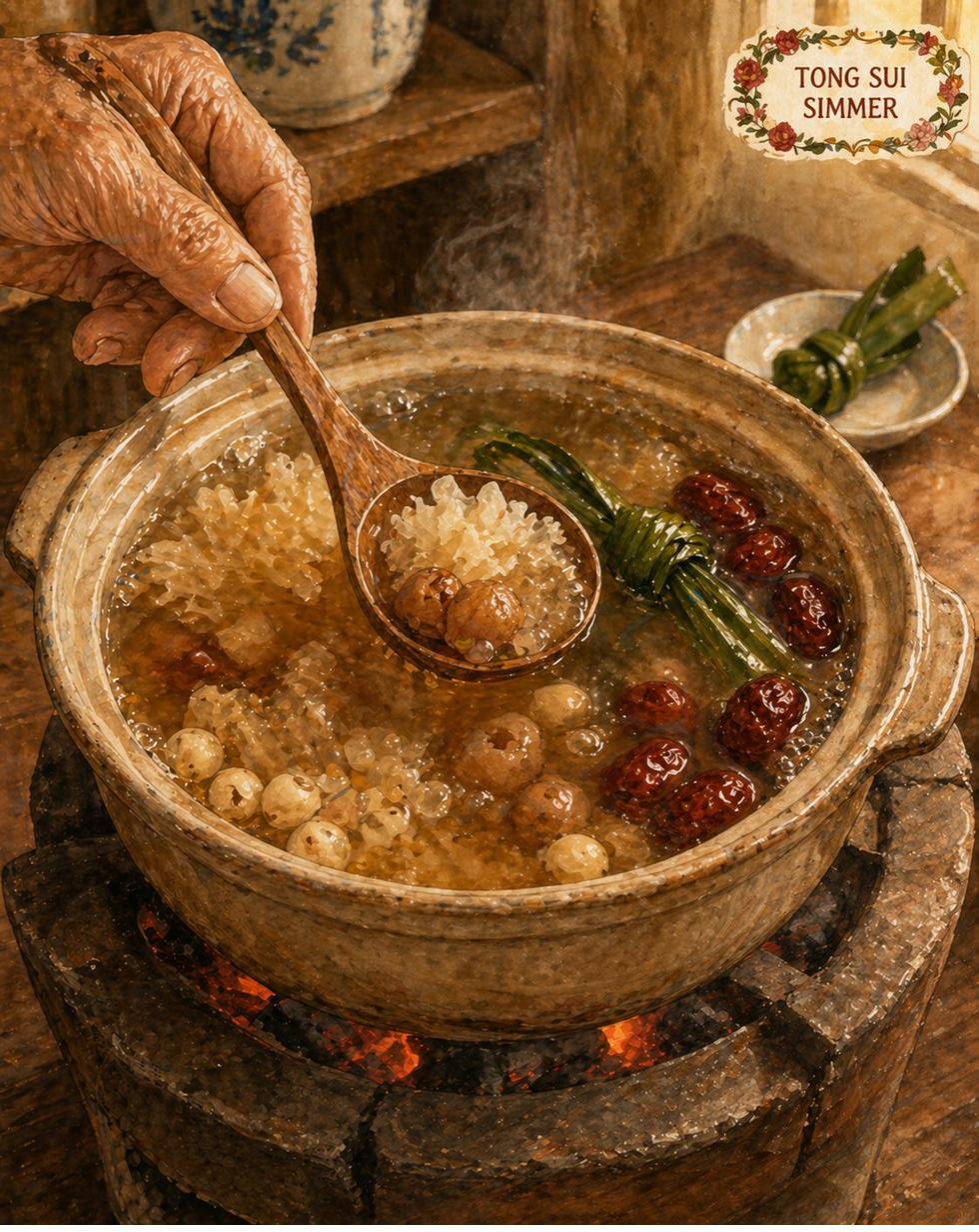 Critical moment: heavy stoneware simmer pot on charcoal stove at gentle simmer, small bubbles rising gently around the rim. Broth faintly amber-tinted-clear, bloomed white fungus florets, deep-amber dried longan, pale-ivory lotus seeds settled at the bottom, deep-burgundy red dates, knotted pandan leaf vivid jade-green, rock-sugar block dissolving. Hock Ko's mother's hand holding wooden ladle, lifting a ladleful to inspect broth-clarity. Cartouche upper-right reads TONG SUI SIMMER in red-rose-and-vine-leaf flourish.