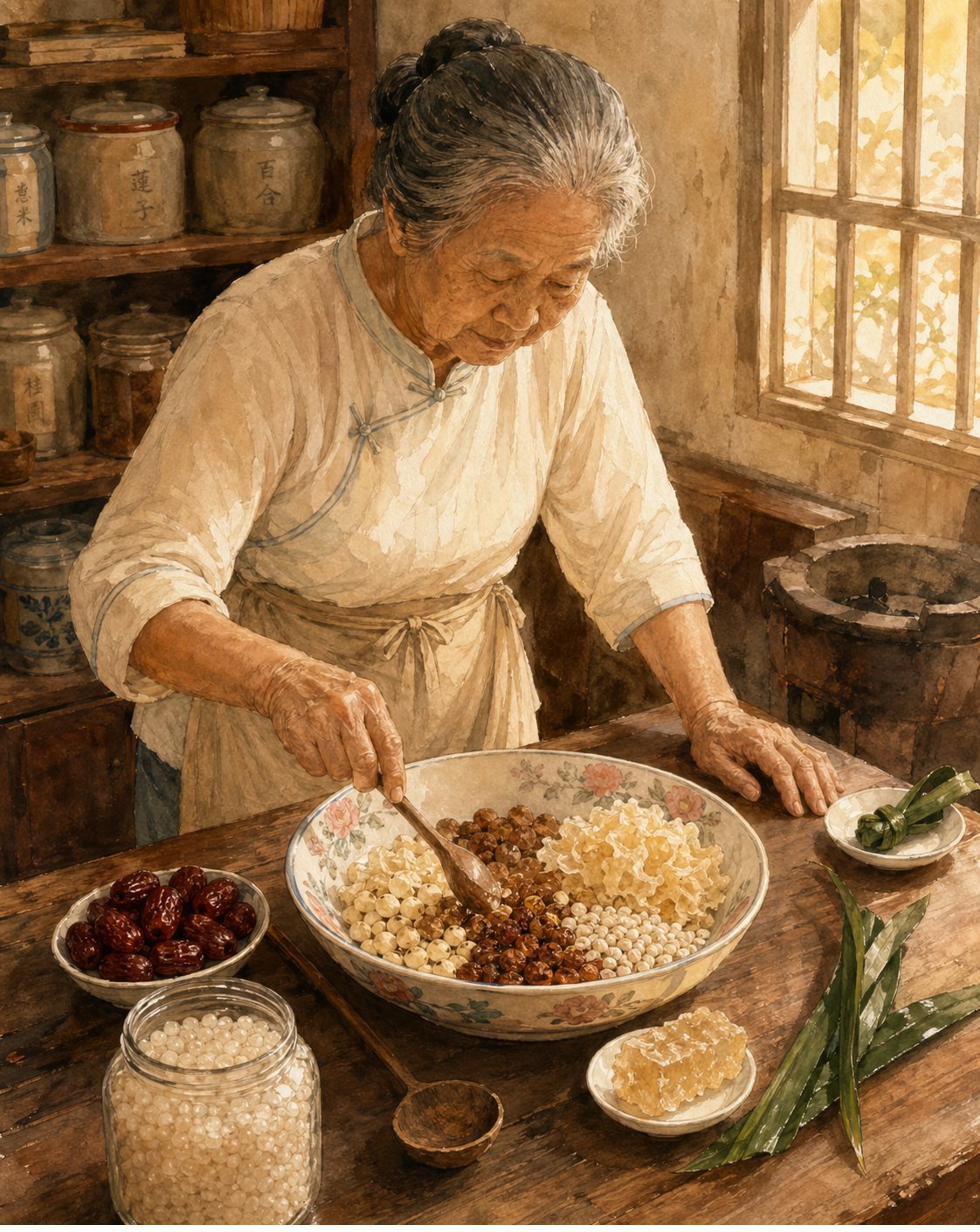 Vignette: Hock Ko's mother in her home kitchen, late-afternoon golden light from the right barred window, mid-action assembling cheng tng dried-goods into a wide heritage bowl. Late-70s Singaporean Chinese woman in pale-cream samfu and canvas apron, hair in low neat bun streaked with white. The bowl holds white fungus rosettes, dried longan, lotus seeds, pearl barley, pang da hai. Beside it: red dates, ginkgo nuts, a glass jar of sago pearls, pandan leaves, a small heritage rock-sugar block. Pandan-leaf knot on small white saucer at upper-right edge. Painted heritage style.