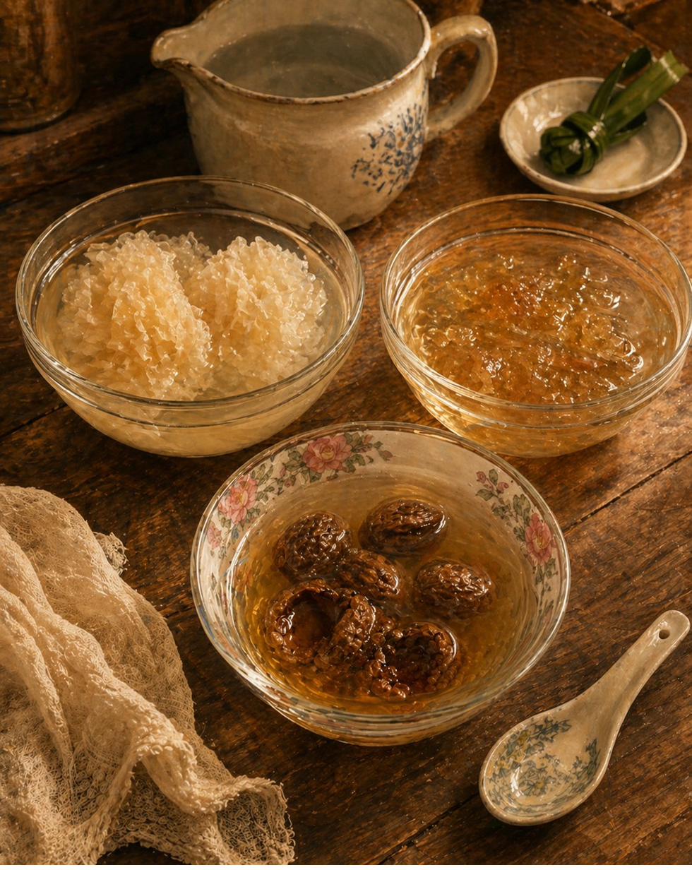 Stage 1: three heritage clear-glass bowls on a worn-timber kitchen counter at evening lamp-light. Each bowl half-filled with cool water and one of the overnight-soak ingredients — bloomed white fungus rosettes, expanded pale-amber peach gum, swollen dark-brown wrinkled pang da hai. Folded muslin cloth, heritage porcelain spoon. Pandan-leaf knot on saucer at upper-right.