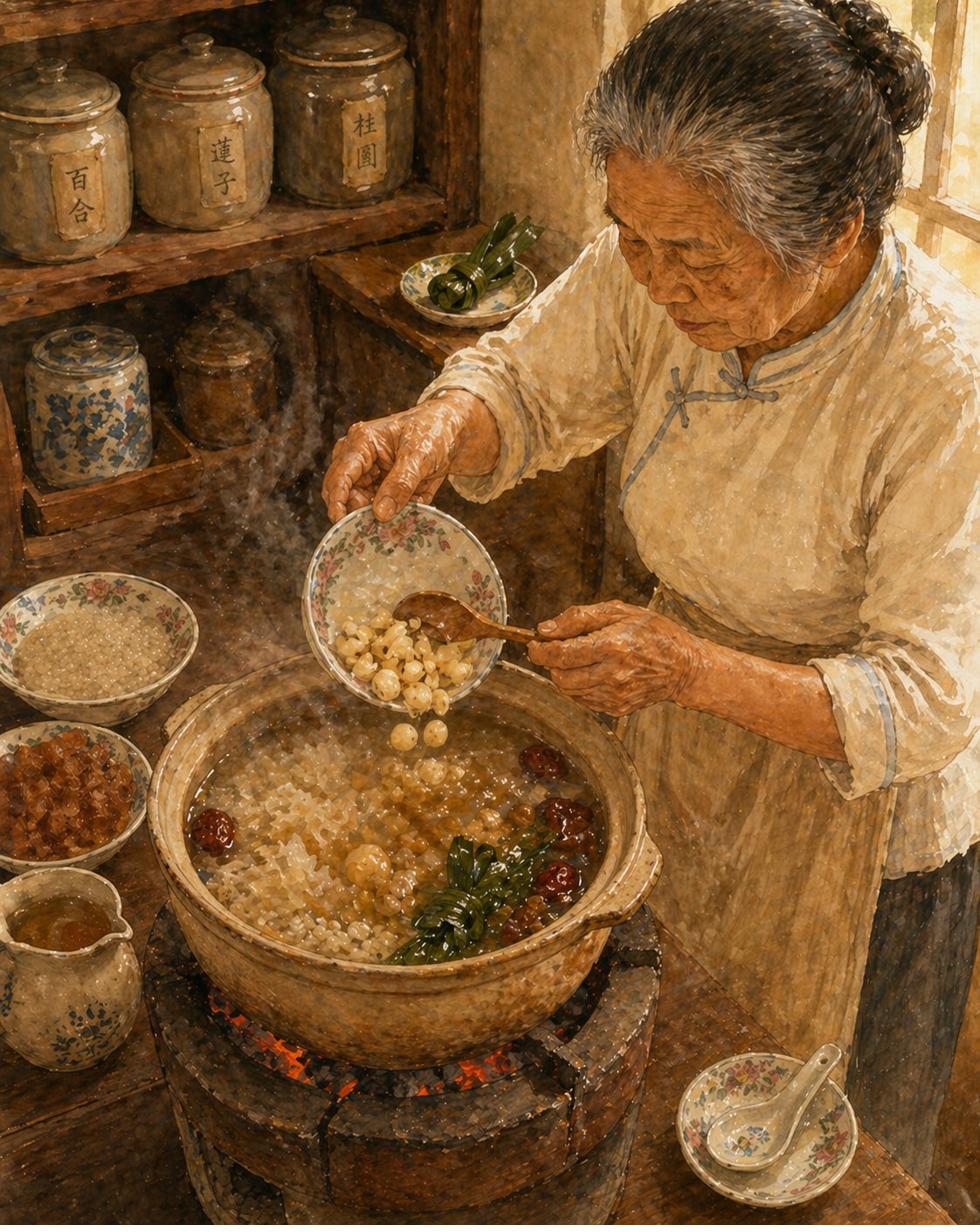 Stage 4: simmer pot on charcoal stove, mid-build. Hock Ko's mother holds a heritage ceramic dish tilted toward the broth, pouring pre-cooked ginkgo nuts mid-air about to settle in. Wooden spoon ready to coax. Beside the stove: small dishes of next stages — sago, persimmon coins, rock-sugar pitcher. Pandan-leaf knot on saucer mid-frame.