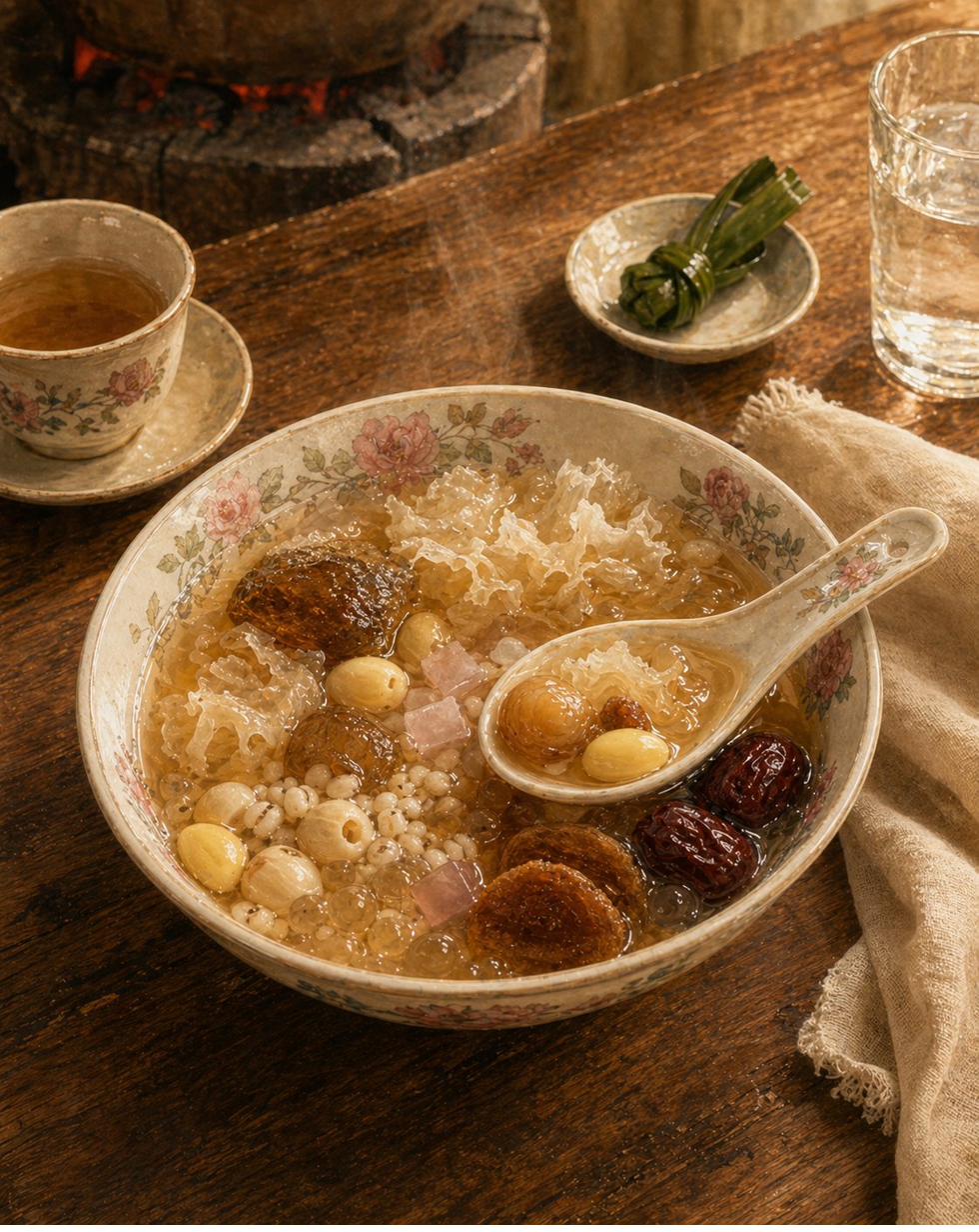 Hero bowl: small white-and-pale-cream tong sui bowl with subtle pink-rose-and-pale-green floral rim on heavy walnut table. Pale-amber broth gently steaming. Bloomed white fungus florets, dark-amber-glossy longan, pale-ivory lotus seeds, pearl barley, ginkgo nuts, large sago pearls, deep-burgundy red dates, thin coins of dried persimmon, pale-pink agar jelly cubes, pang da hai. Heritage porcelain spoon resting half-submerged. Late-afternoon golden light catching the floral-rim and the steam. Pandan-leaf knot on small white saucer at upper-right edge.
