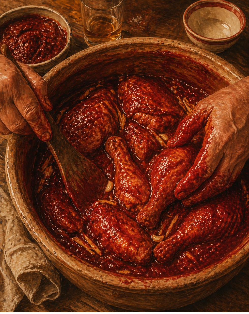 Critical moment: close-up three-quarter overhead view inside a heavy unglazed earthenware marinade urn. Inside the urn: bone-in chicken pieces being lacquered in deep-rose ang chao paste, the moment when each piece is being turned in the paste so every surface is fully coated. Whole drumsticks, thighs, wings, bone-in breast pieces visibly half-submerged in glossy deep-rose paste, surfaces wet and lacquered, paste clinging in thick ribbons to the chicken skin. Two weathered hands work the chicken — one hand holds a wooden paddle gently turning a thigh piece, the other hand presses paste onto the upturned surface of a drumstick. Hands stained dark-rose at the fingertips. Lacquered surfaces catch the light in soft glistening highlights. Within the urn: thin slices of fresh ginger pressed alongside, crushed garlic cloves, faint sheen of toasted sesame oil at the edge. Around the urn: small ceramic bowl of additional ang chao paste, glass tumbler of mostly-empty Foochow red rice wine, folded muslin cloth for covering during the rest, the Foochow porcelain tea-bowl with the bold red ring on the back-corner. Cream cartouche reading MARINATE & REST with red-rose flourish. Painted style.