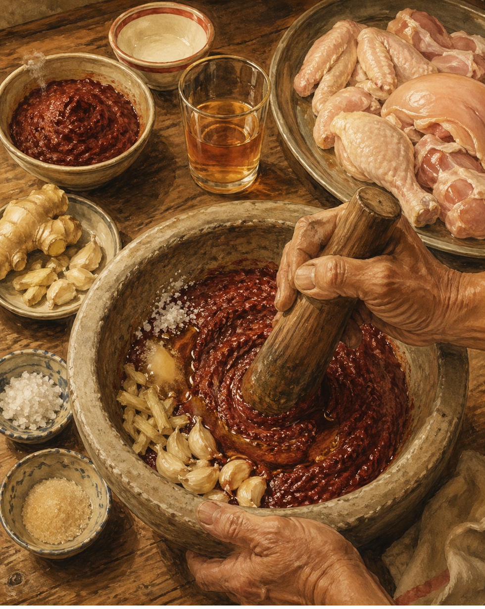 Step illustration: close-up overhead view of a heavy stoneware mortar and pestle on a worn timber kitchen counter. Inside the mortar: a generous heap of dark-rose ang chao paste being worked with the pestle into silkier consistency, scattered chunks of fresh ginger and crushed garlic cloves, a small spoonful of toasted sesame oil glistening on top, faint scatter of coarse sea salt and white sugar. A weathered hand on the wooden pestle in slow circular motion. Around the mortar: small ceramic bowl of more dark-rose ang chao paste, glass tumbler of pale-amber Foochow red rice wine, small dishes of coarse sea salt and white sugar. A heavy platter beside the mortar holds bone-in chicken pieces (whole drumsticks, thighs, wings, breast pieces, bone-in skin-on, pale-pink) waiting to be marinated. Painted style.