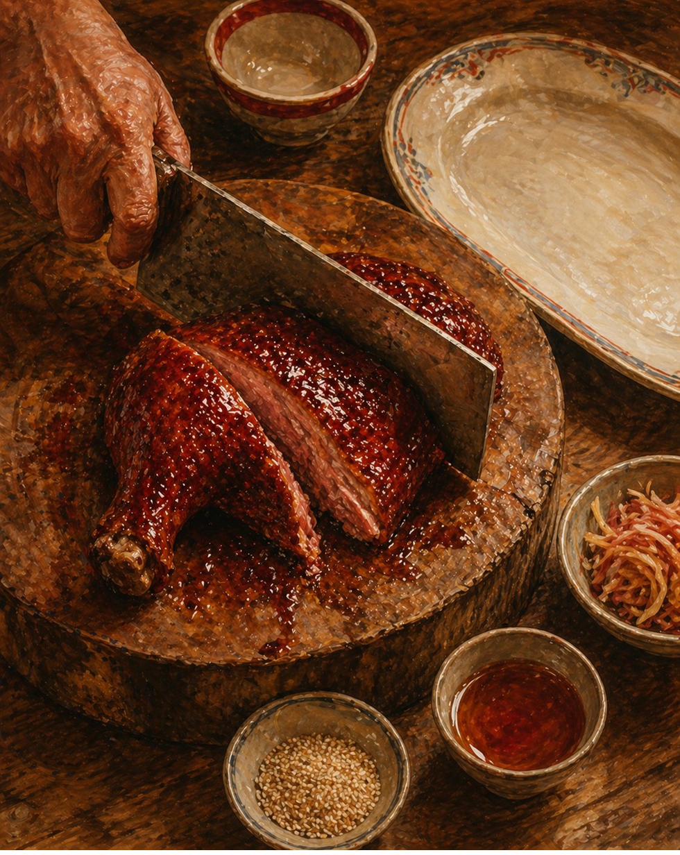 Step illustration: three-quarter overhead view of a heavy wooden chopping block on a worn timber kitchen counter. On the block: a single lacquered bone-in chicken thigh that has been rested for 24 hours in ang chao paste — surface deep mahogany-rose, lacquer set and matured into glossy mature-burgundy. The thigh is mid-slice — a sharp Foochow cleaver has just cut a clean diagonal slice through the bone-in piece, revealing the cross-section: meat inside stained warm-rose at the edges where paste has penetrated, bone-edge clean-pale, skin-edge deep-burgundy-glossy. A weathered hand holds the cleaver mid-action. Beside the chopping block: a heavy oblong heritage Foochow porcelain platter (cream-and-warm-white base with soft pale-blue accent rim, formal-architectural rather than decorative-floral) waiting to receive the sliced chicken. Small ceramic bowl of pickled ginger slivers, small ceramic dish of toasted sesame seeds, small dish of additional Foochow red rice wine, the Foochow porcelain tea-bowl with the bold red ring on the back-edge. Painted style.