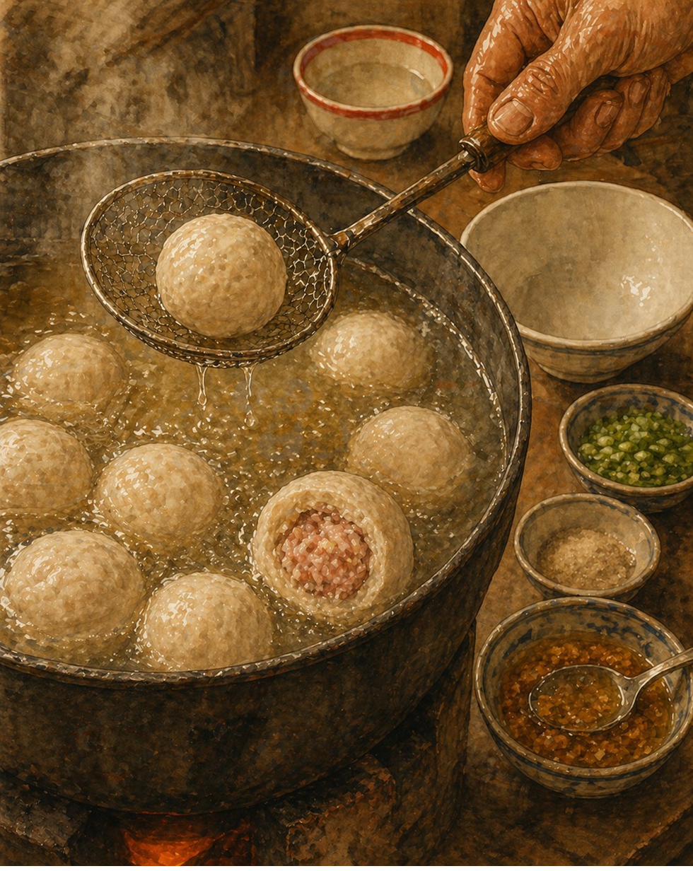 Critical moment: close-up side view of a heavy iron pot half-filled with clear pale-amber broth, gently simmering. Six to eight off-white Foochow fishballs floating on the surface — the heritage doneness cue. ONE fishball in the foreground partially cut open showing the cross-section: pale-cream springy fish-paste exterior, pinkish pork-and-water-chestnut filling at the centre clearly visible. A weathered hand holds a long-handled wire-mesh strainer above the pot, mid-action lifting one fishball clear. Cream cartouche reading POUND & WRAP with red-rose flourish. Painted style.