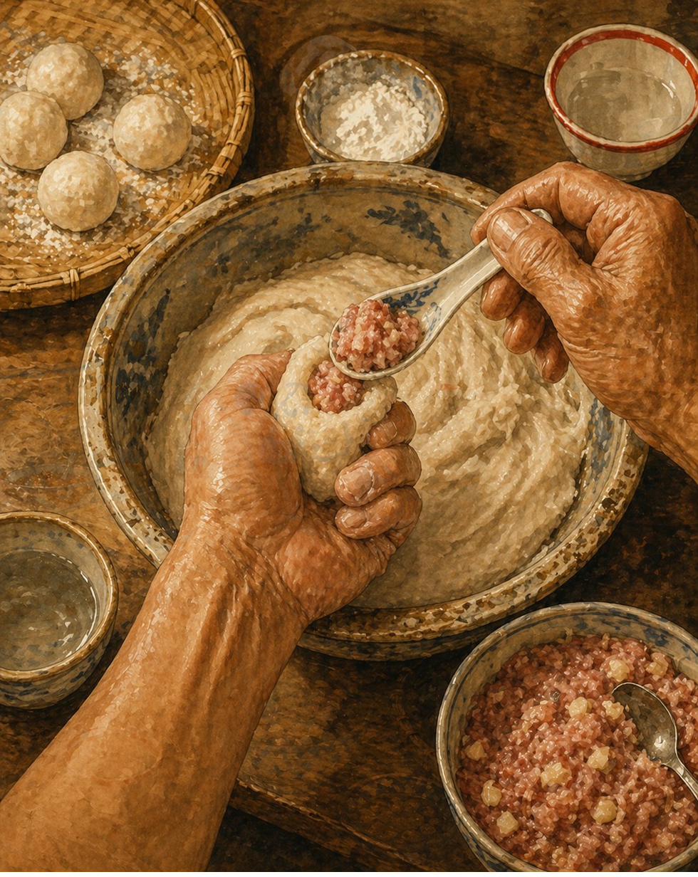 Step illustration: close-up overhead of two weathered hands at a stoneware mixing basin, mid-action shaping a single Foochow fishball using the heritage tiger's-mouth method. Left hand cupped in a loose fist with pale-cream fish paste squeezed up through the gap between thumb and forefinger. Right hand holding a small porcelain Chinese soup spoon mid-action, scooping pork-and-water-chestnut filling onto the emerging paste pocket. Bamboo tray of already-shaped uniform fishballs in the upper-left corner. The Foochow porcelain tea-bowl with the bold red ring on the back-right edge. Painted style.