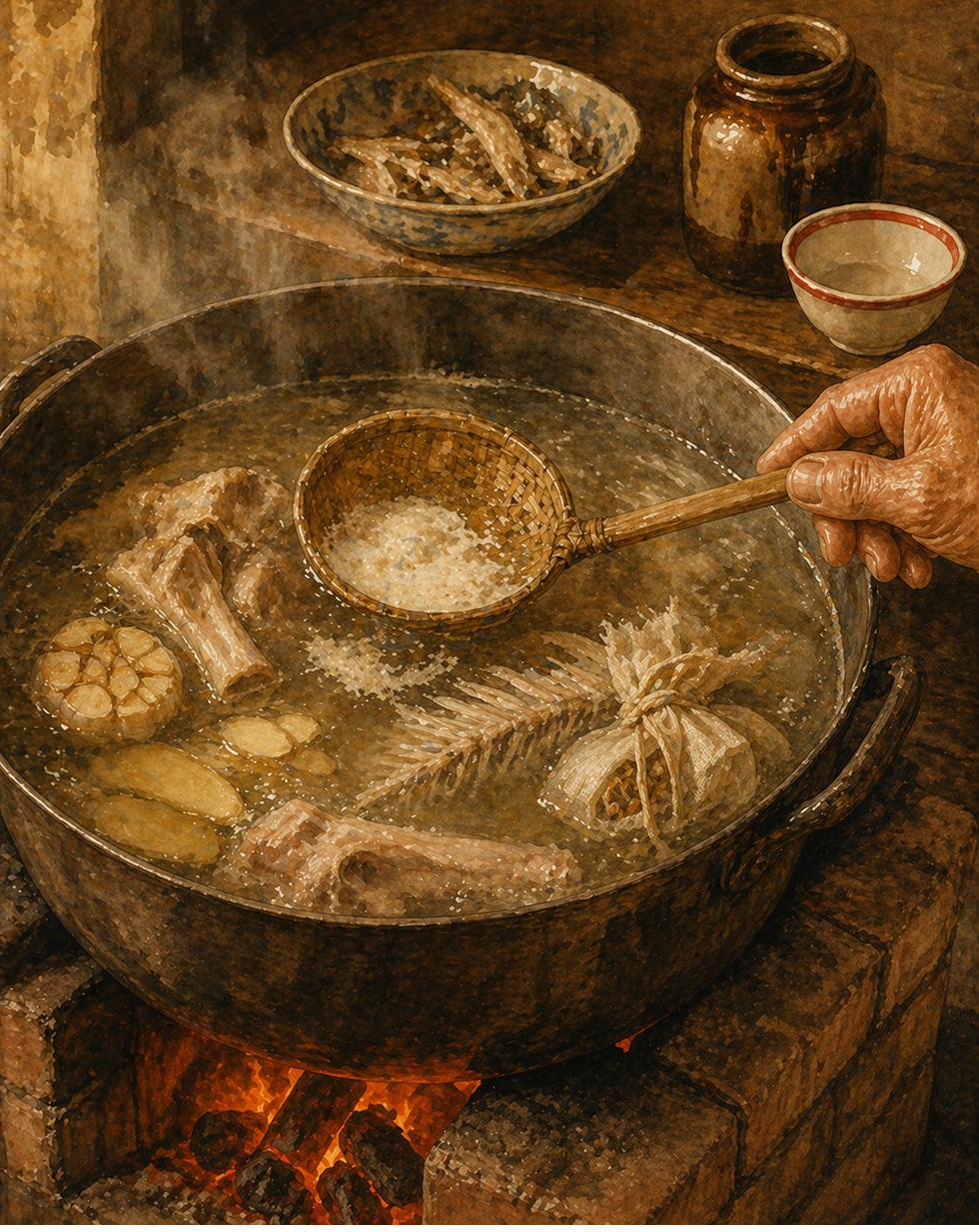 Step illustration: three-quarter view of a heavy iron stockpot half-filled with clear pale-amber simmering broth on a brick charcoal stove with glowing embers visible at the base. Inside the broth: pork bones, fish-bone framework, halved bulb of garlic, ginger slices, a muslin-tied bundle of ti po. A weathered hand holds a long-handled bamboo skimmer, mid-action skimming a thin layer of pale foam-scum from the broth surface. The Foochow porcelain tea-bowl with the bold red ring on the right. Painted style.
