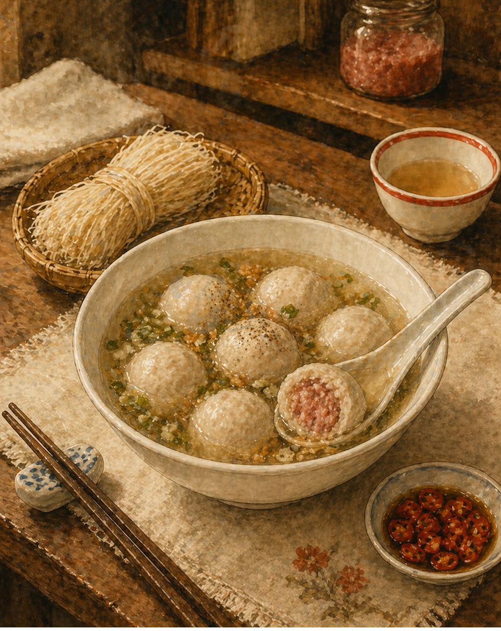 Hero bowl: simple white porcelain heritage soup bowl, deep and plain creamy-white, holding clear pale-amber broth with six off-white floating Foochow fishballs. ONE fishball in the foreground on a porcelain spoon, partially cut open, the pinkish pork-and-water-chestnut filling clearly visible at the centre. Scattered chopped spring onion, fried-garlic flakes, dusting of white pepper. A small bamboo basket beside the bowl holds a tied bunch of dry mee sua. Dark wooden chopsticks on a ceramic chopstick-rest, small saucer of bright red-cut bird's-eye chillies in soy. The Foochow porcelain tea-bowl with the bold red ring half-filled with pale tea on the back-right. A small unlabelled glass jar of red-yeast-rice paste (ang chao) on a high shelf in the deep blurred background — pale rose-amber, ambient register only. Painted style.