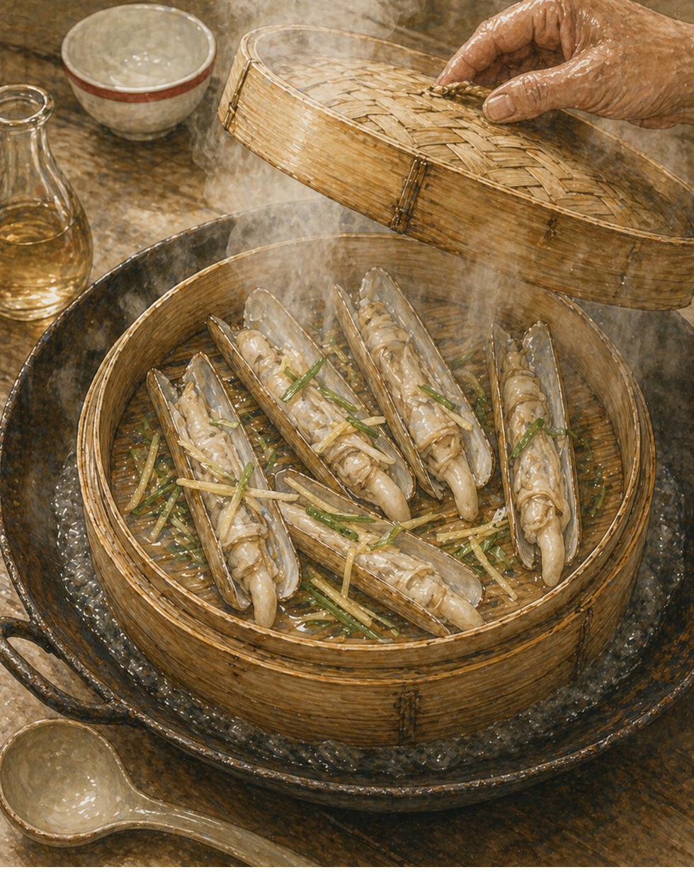Critical moment: close-up three-quarter overhead view inside a heritage round bamboo steamer on a heavy iron wok of steaming water beneath, soft white steam rising through the woven gaps. Inside the steamer, six razor clams just opened, shells gaped about 30 degrees from closed, pale-cream-and-amber clam meat plump and just-set inside each open shell, foot extended as a soft pale ribbon. Scattered between the clams: thin matchstick slivers of fresh ginger and slivers of green spring onion. Beneath the clams on the bamboo mat, a thin pool of clear-amber clam liquor. A weathered hand holds the bamboo-steamer lid raised about 30cm above the steamer. Small ceramic ladle waiting on the counter, glass cruet of pale-amber Shaoxing wine, the Foochow porcelain tea-bowl with the bold red ring on the back. Cream cartouche reading STEAM & DOUSE with red-rose flourish. Painted style.