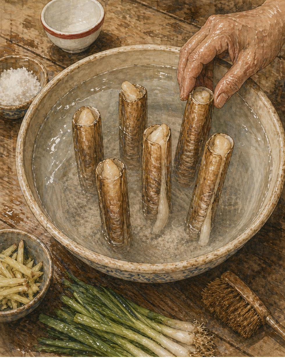 Step illustration: close-up overhead of a wide shallow ceramic basin filled with clear cold salted water on a worn timber kitchen counter. Six razor clams submerged upright in the water, long slender pale-cream-and-brown striped shells standing vertically with the wider open ends facing up like little parchment scrolls planted in the water. From the open end of two or three of the clams, the delicate white-cream foot-tip is visibly extended, the live clam purging into the water. A faint cloud of pale-grey sand-grit visible at the bottom of the basin. Small ceramic dish of coarse sea salt beside the basin, small bamboo brush, small ceramic bowl of fresh ginger matchsticks, small bunch of spring onion. The Foochow porcelain tea-bowl with the bold red ring on the back-edge. Painted style.