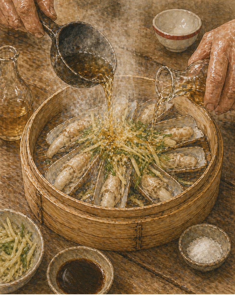 Step illustration: three-quarter view of the bamboo steamer with six just-opened razor clams arranged in a fan inside, sitting on a worn timber kitchen counter. A weathered hand pours from a small heavy iron ladle, a steady stream of hot golden-amber oil cascading down onto a generous mound of fresh ginger matchsticks and green spring-onion slivers arranged on top of the clams. The oil hits the aromatics and sizzles dramatically, soft cloud of fragrant aromatic steam rising. Simultaneously a second weathered hand from the upper-right pours from a glass cruet, a stream of pale-amber Shaoxing wine splashing into the steamer alongside the oil. Pale-amber Shaoxing wine cruet (NOT rose-red Foochow red rice wine). The Foochow porcelain tea-bowl with the bold red ring on the back-right. Painted style.