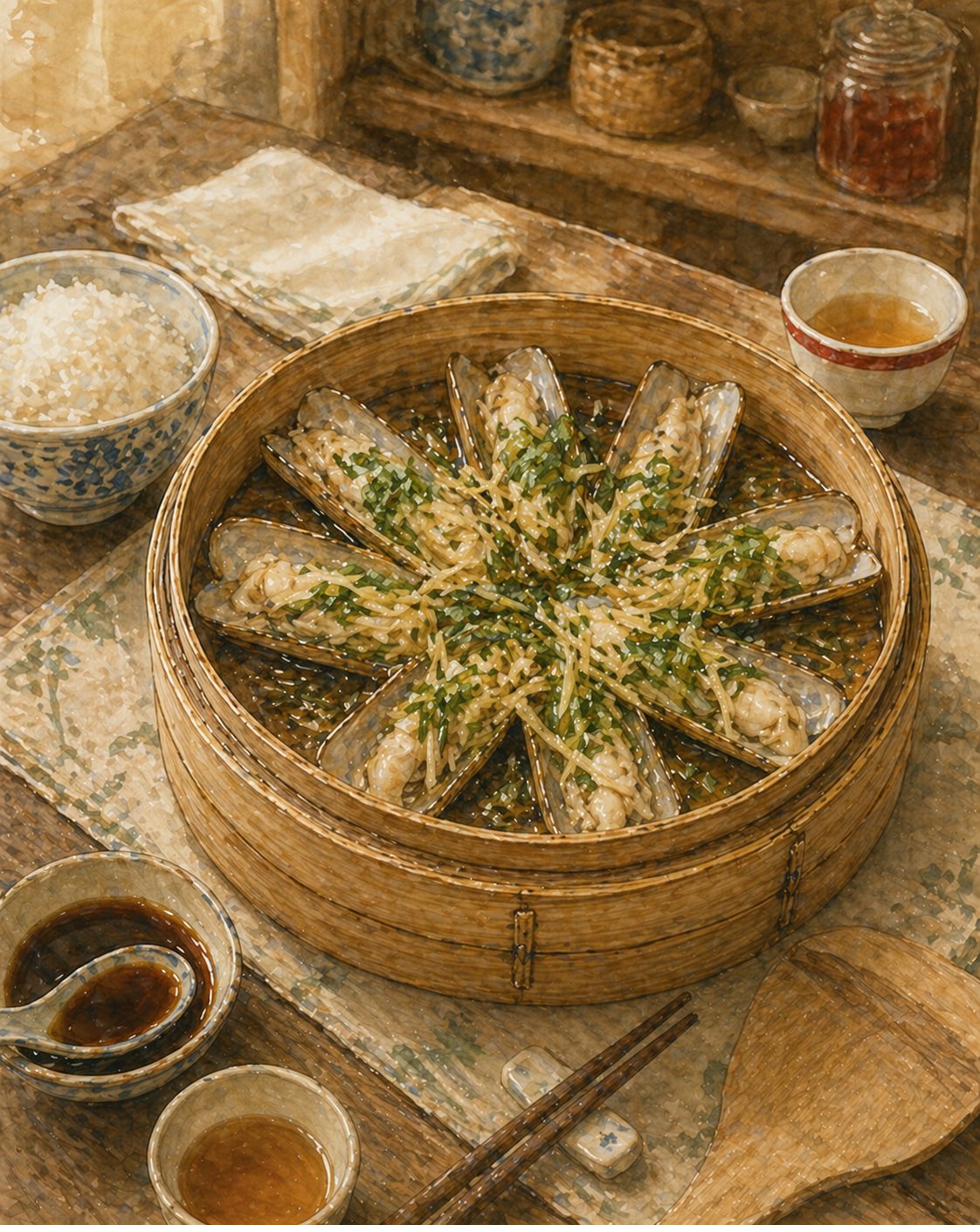 Hero steamer: three-quarter overhead view of a Foochow domestic dining table with a faded cream-and-soft-jade cotton placemat. At centre, a heritage round bamboo steamer (woven bamboo, warm tan colour) holding the finished dish: razor clams arranged in a beautiful radial fan, shells opening outward like flower petals, plump pale-cream-and-amber clam meat visible. A heaping topping of wilted ginger matchsticks and blanched green-spring-onion slivers (jade-green-and-cream-and-pale-yellow). A thin pool of clear-amber clam-liquor-and-Shaoxing-and-soy at the bottom of the steamer. A scattering of fresh coriander leaf as the heritage finish. Around the steamer: a small bamboo paddle, dark wooden chopsticks on a small ceramic chopstick-rest, small saucer of light soy sauce with a small spoon, small dish of additional Shaoxing wine, white-and-pale-blue heritage rice bowl with white jasmine rice, folded white napkin back-left. The Foochow porcelain tea-bowl with the bold red ring on the back-right. A small unlabelled glass jar of red-yeast-rice paste (ang chao) on a high shelf in the deep blurred background — pale rose-amber, AMBIENT register only, deliberately small and out-of-focus to maintain the chapter's palette-rest function before R35's foreground escalation. Painted style.