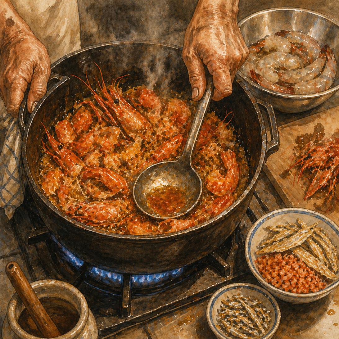 Step illustration: prawn shells frying hard in lard, turning deep orange, the dried shrimp and sole fish about to be added.