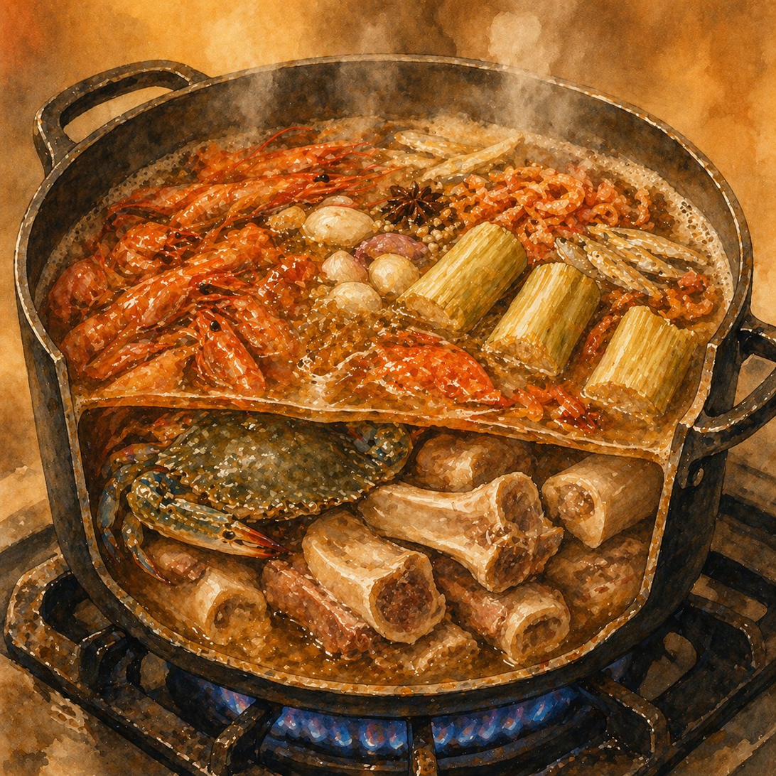 Step illustration: cross-section of the stockpot mid-simmer — pork bones at the bottom, prawn shells on top, flower crab and sugarcane sections visible, golden amber liquid filling the pot.